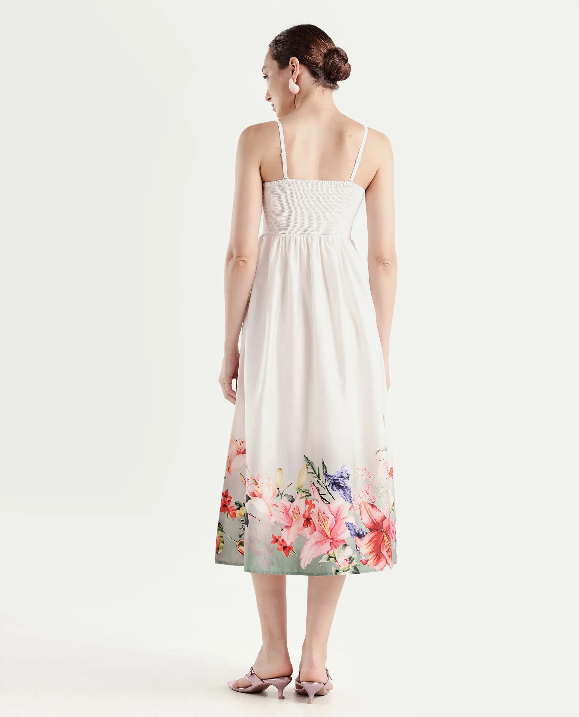 Rareism Women's Agate Off White Cotton Satin Sleeveless Fit And Flare Printed Dress