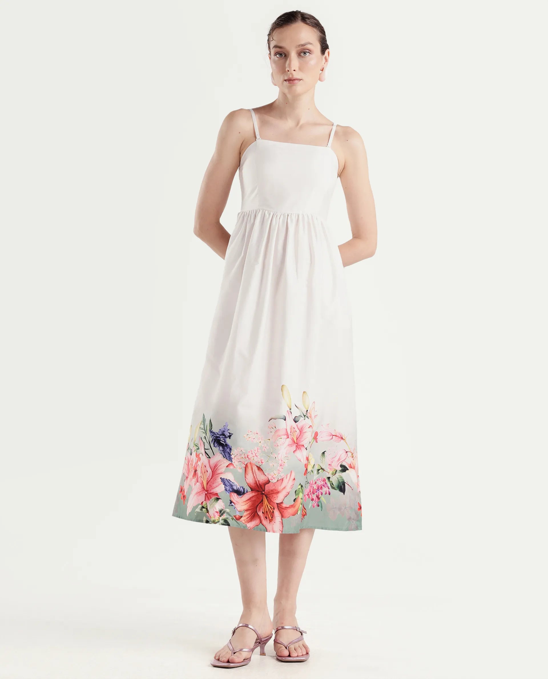 Rareism Women's Agate Off White Cotton Satin Sleeveless Fit And Flare Printed Dress