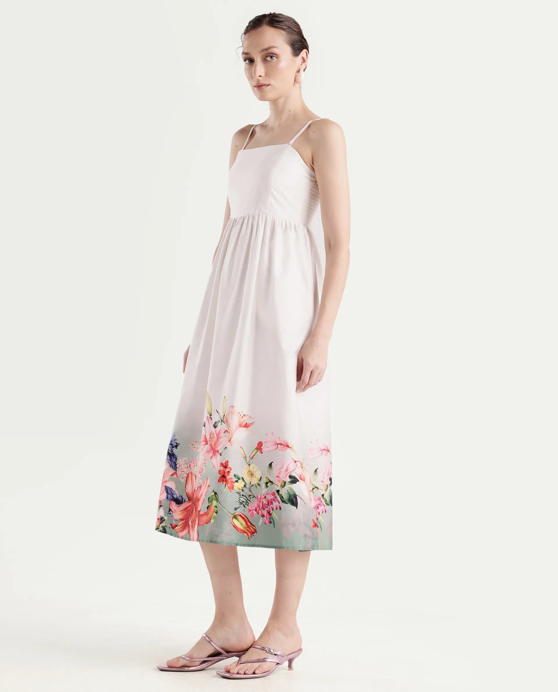 Rareism Women's Agate Off White Cotton Satin Sleeveless Fit And Flare Printed Dress