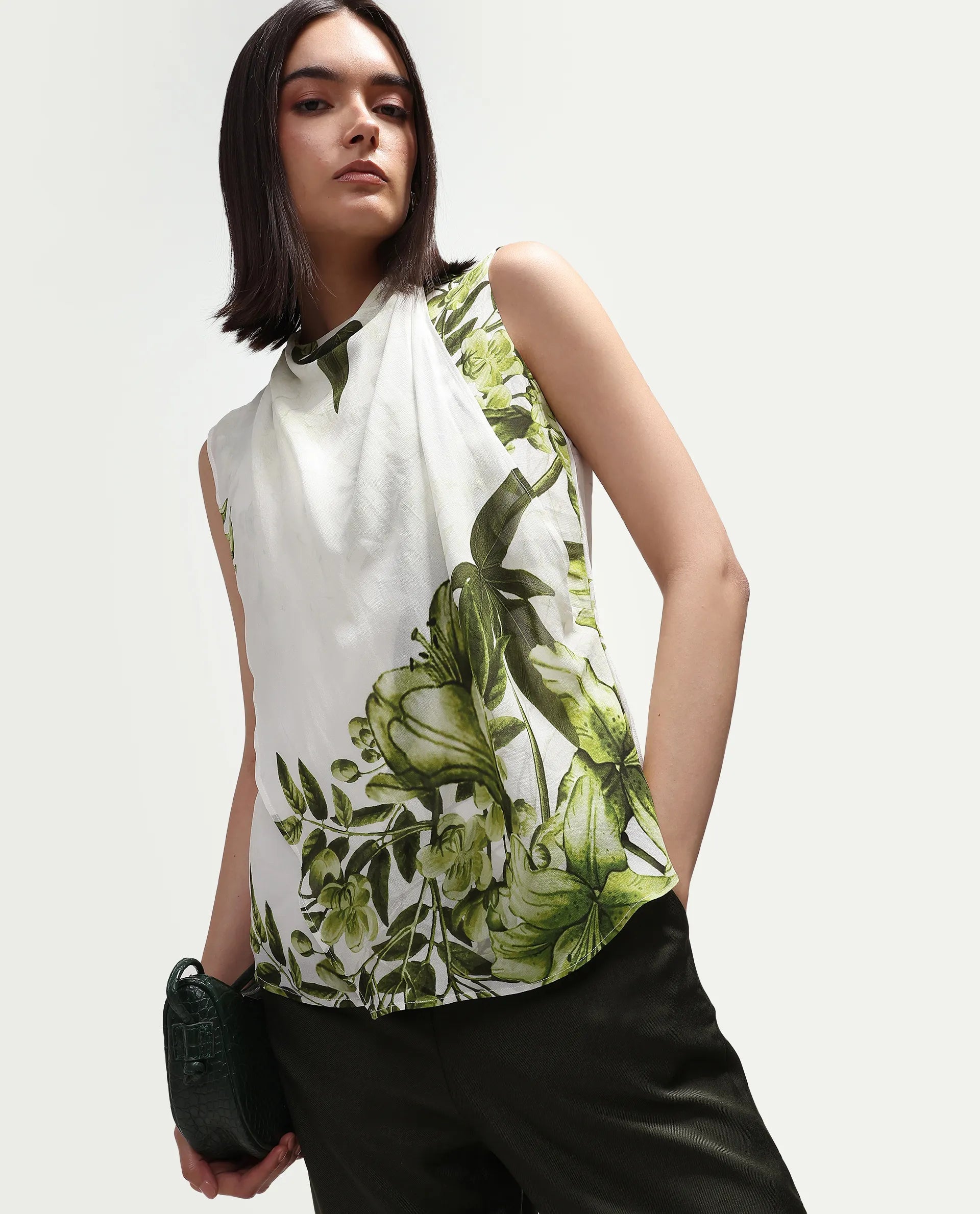 Rareism Women's Alita Off White Viscose Blend Sleeveless Regular Fit Floral Print Top