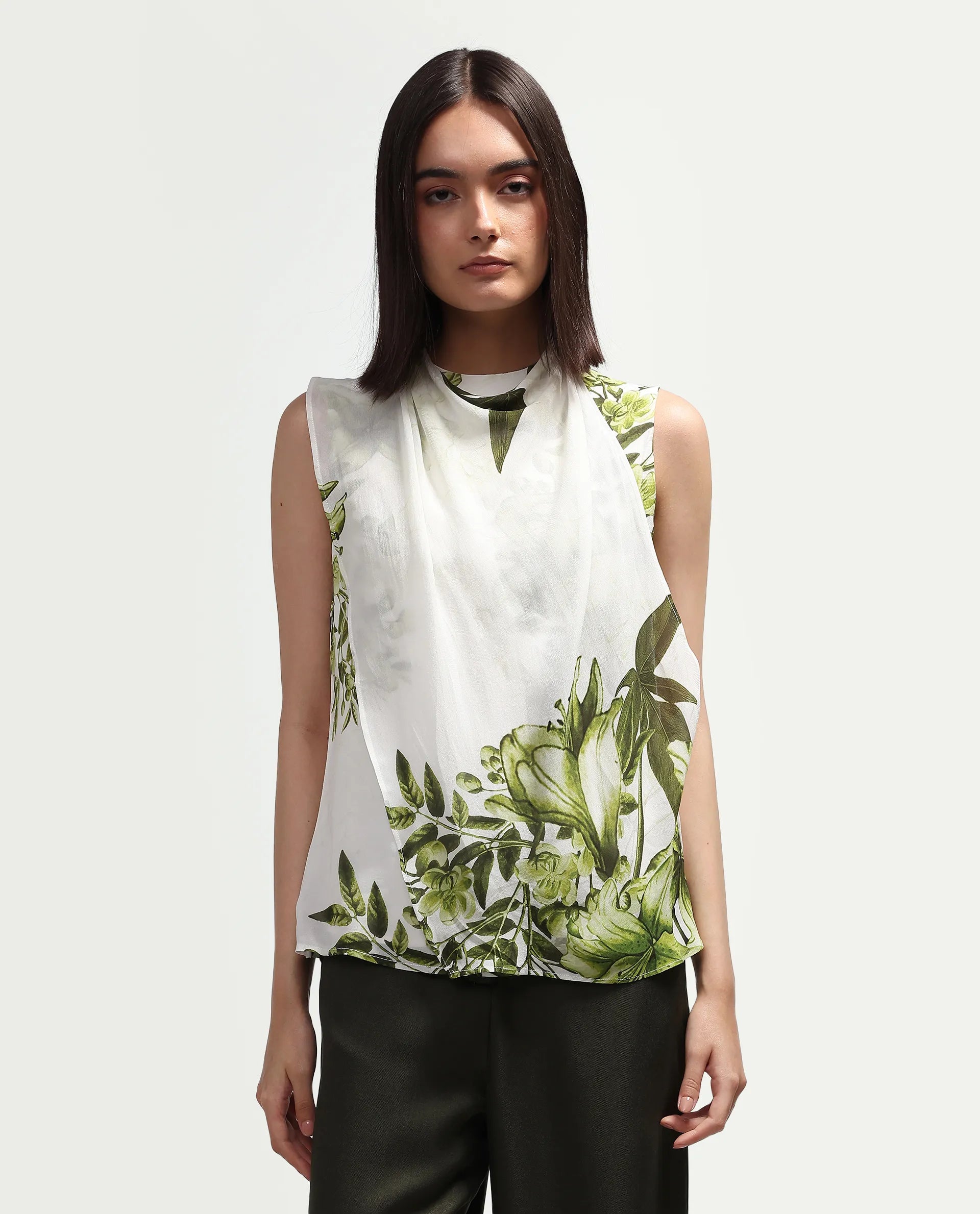 Rareism Women's Alita Off White Viscose Blend Sleeveless Regular Fit Floral Print Top