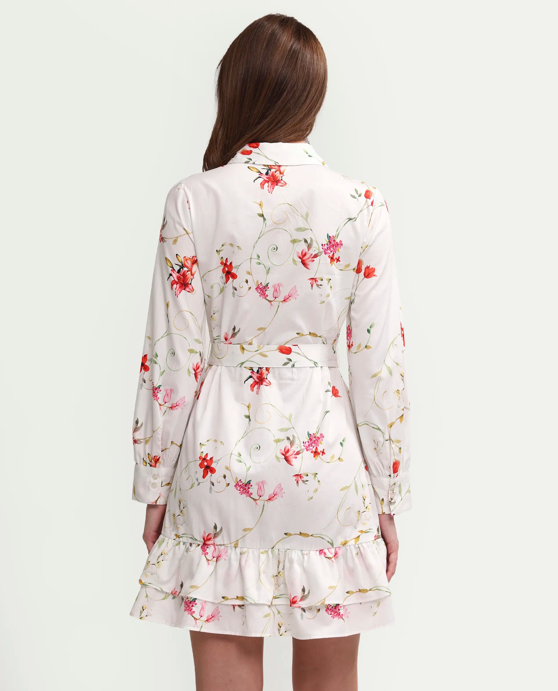 Rareism Women's Alitap Off White Cotton Satin Full Sleeve Fit And Flare Floral Print Dress