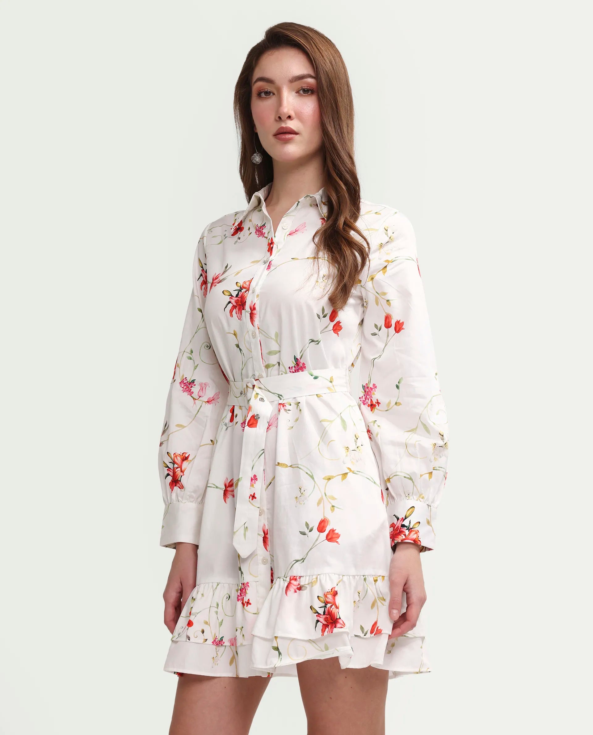 Rareism Women's Alitap Off White Cotton Satin Full Sleeve Fit And Flare Floral Print Dress