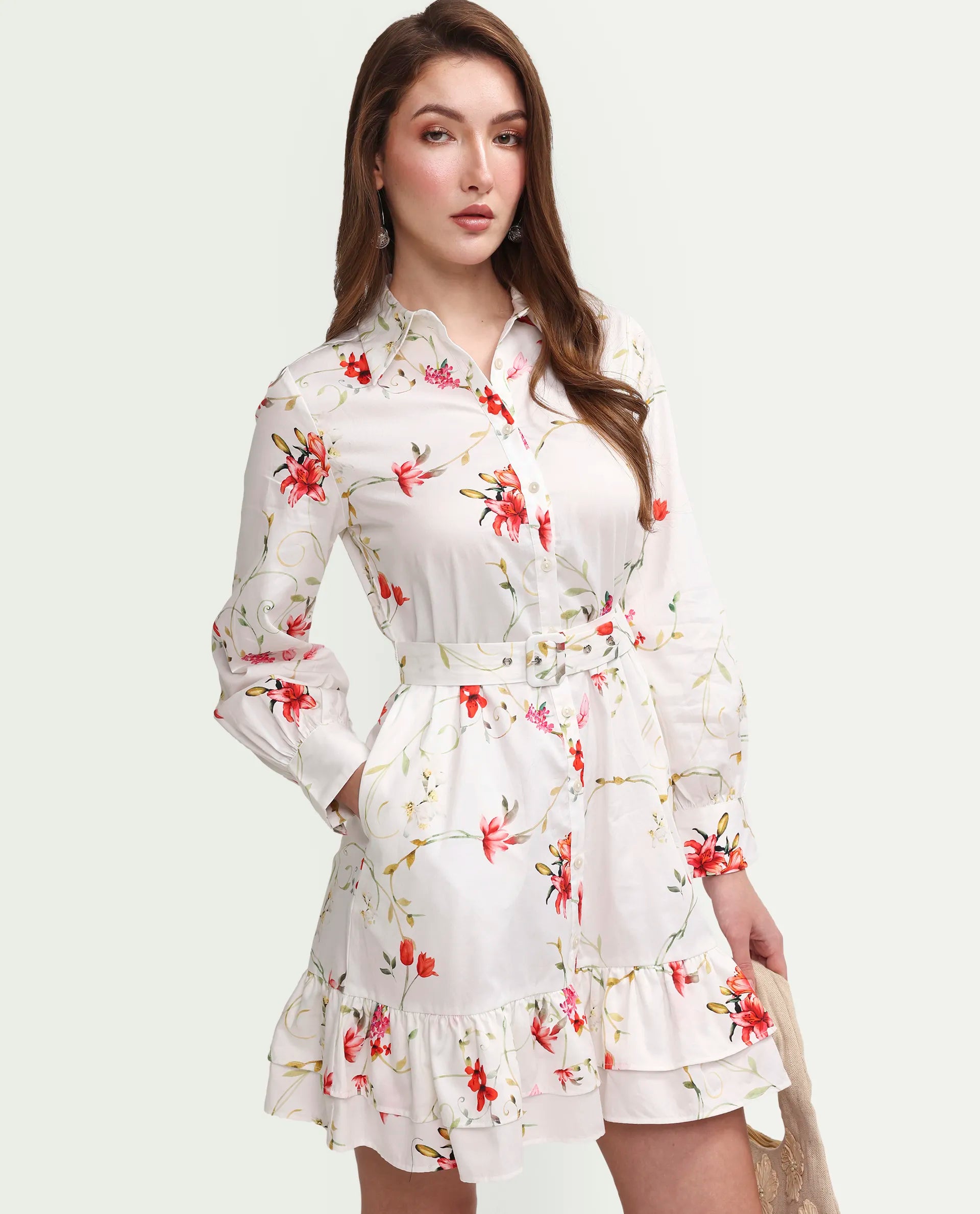 Rareism Women's Alitap Off White Cotton Satin Full Sleeve Fit And Flare Floral Print Dress