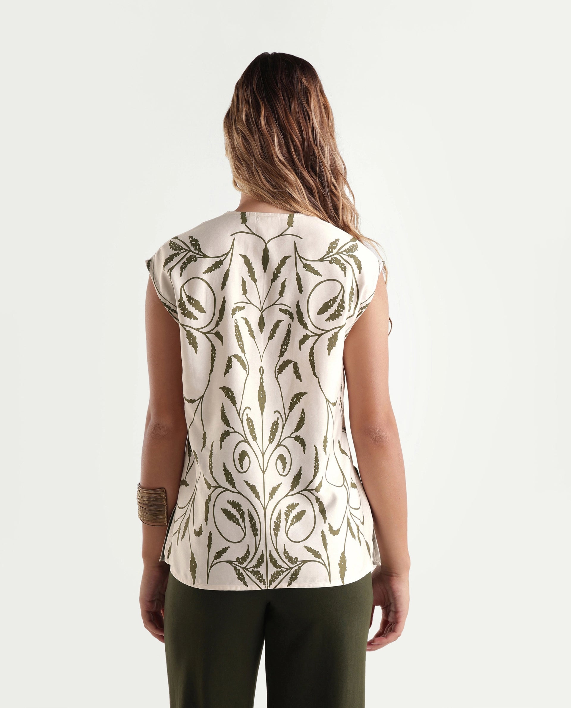 Rareism Women's Anina-T Beige Ornamental Print Cotton Blend Regular Fit Short Sleeves Top
