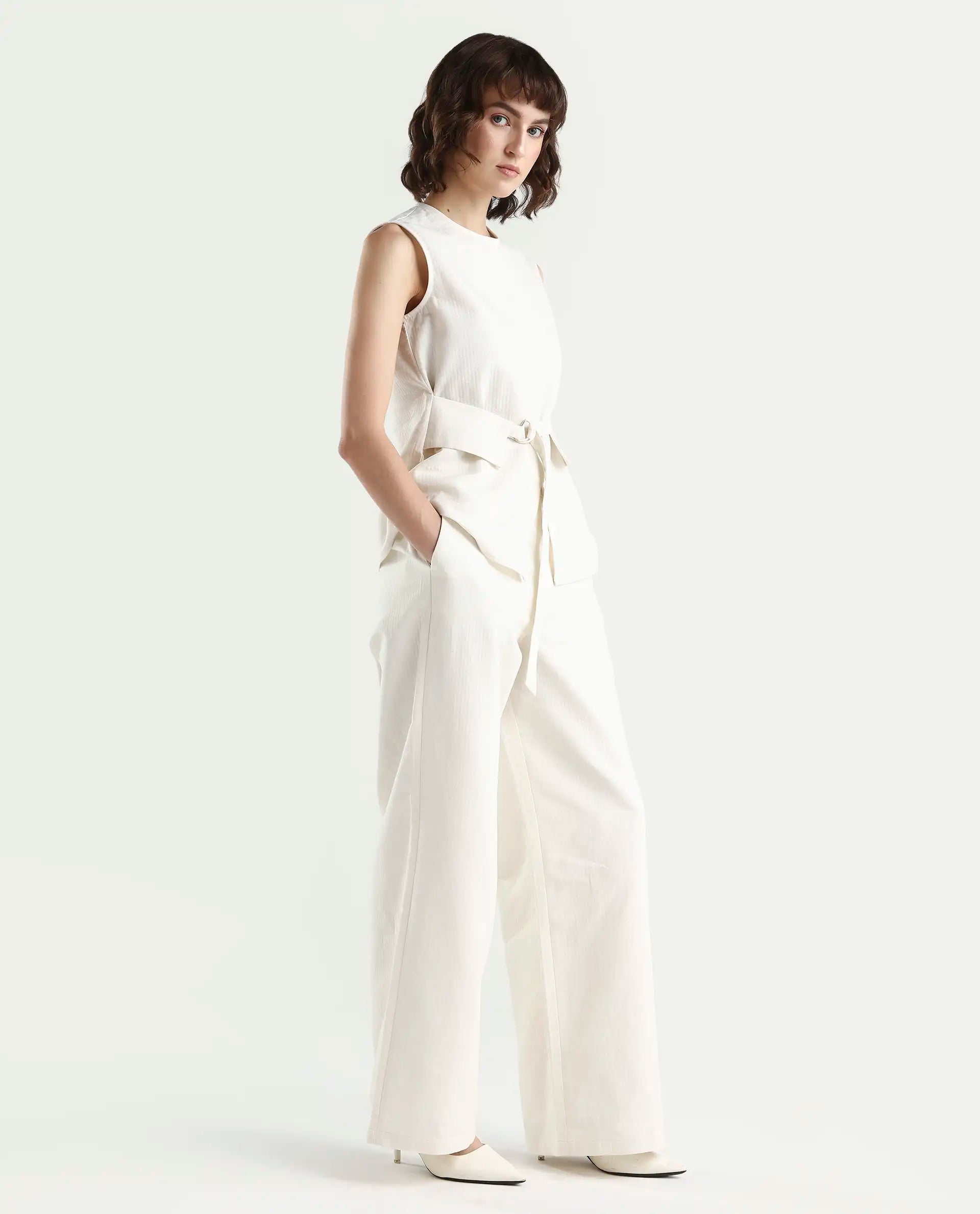 Rareism Women's Aubra-B Off White Cotton Wide Leg Plain Trouser