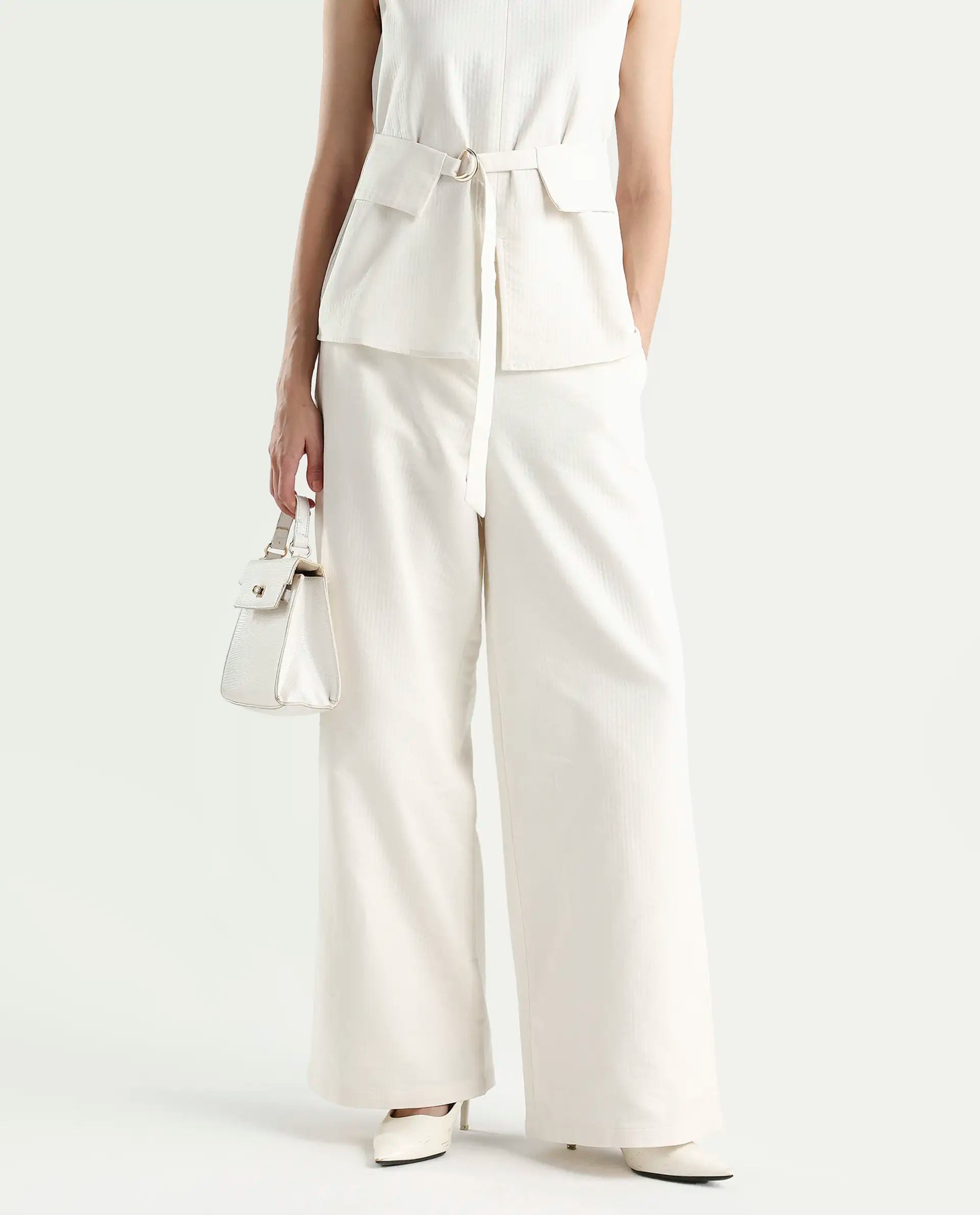 Rareism Women's Aubra-B Off White Cotton Wide Leg Plain Trouser