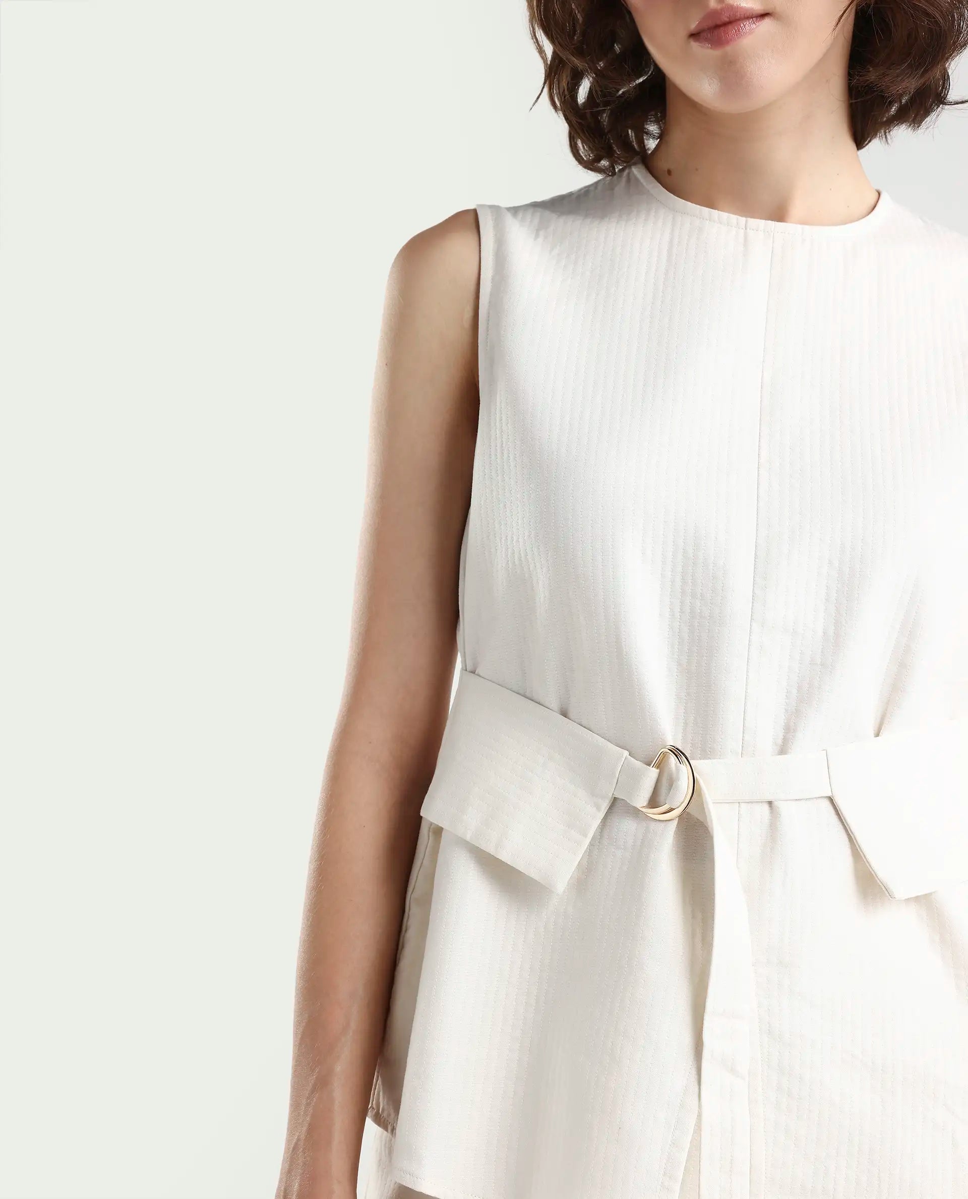 Rareism Women's Aubra-T Off White Cotton Sleeveless Crew Neck Regular Fit Plain Top