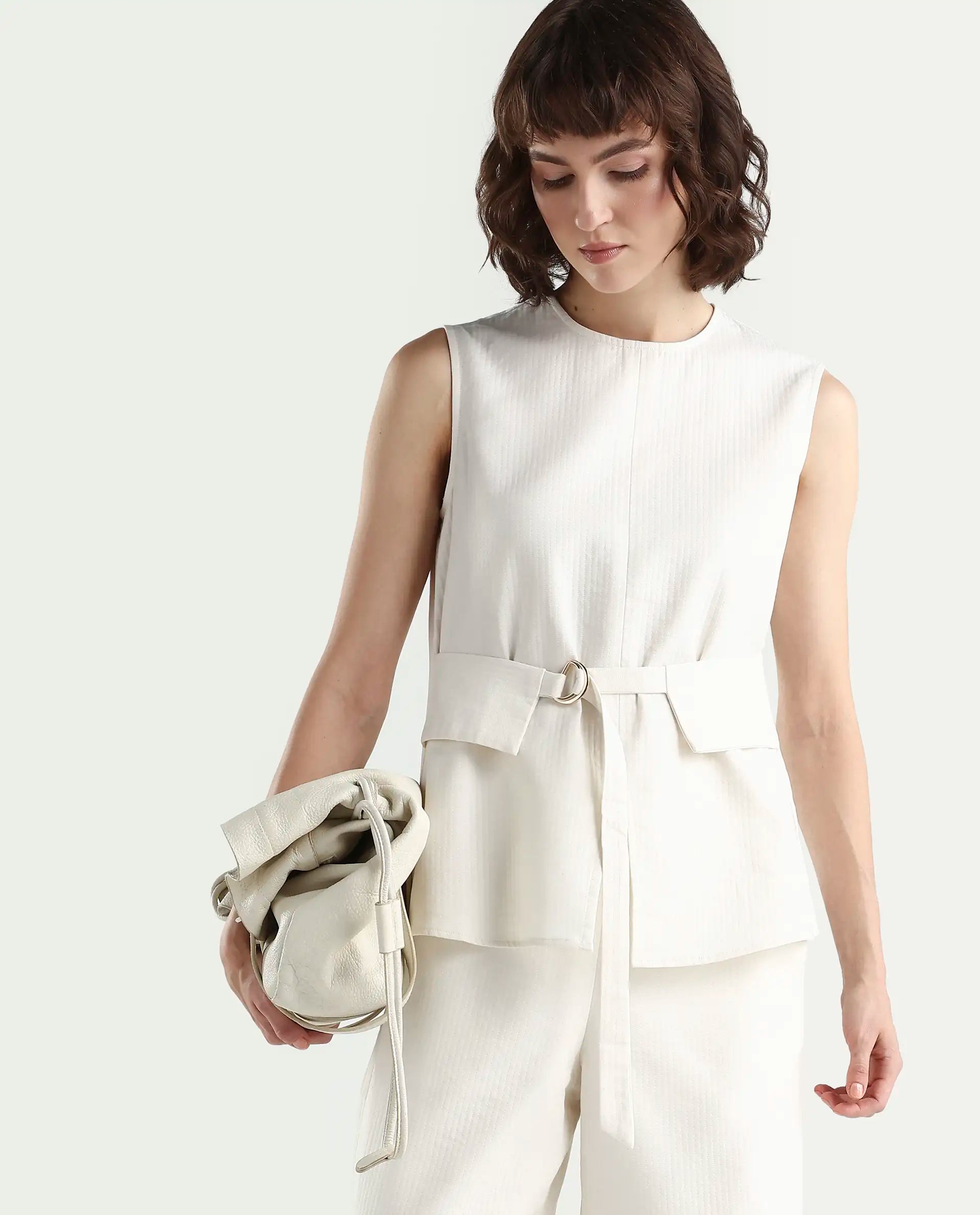 Rareism Women's Aubra-T Off White Cotton Sleeveless Crew Neck Regular Fit Plain Top