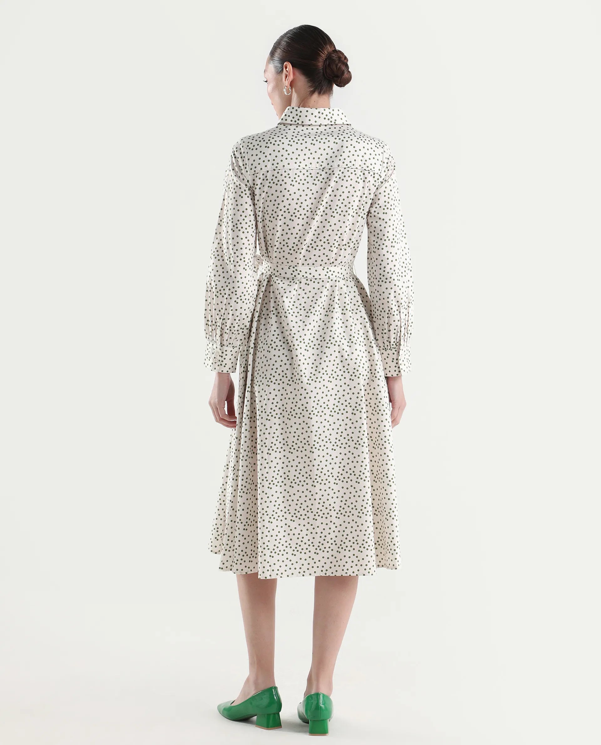 Rareism Women's Avac Off White Cotton Satin Full Sleeve A-Line Polka Print Dress