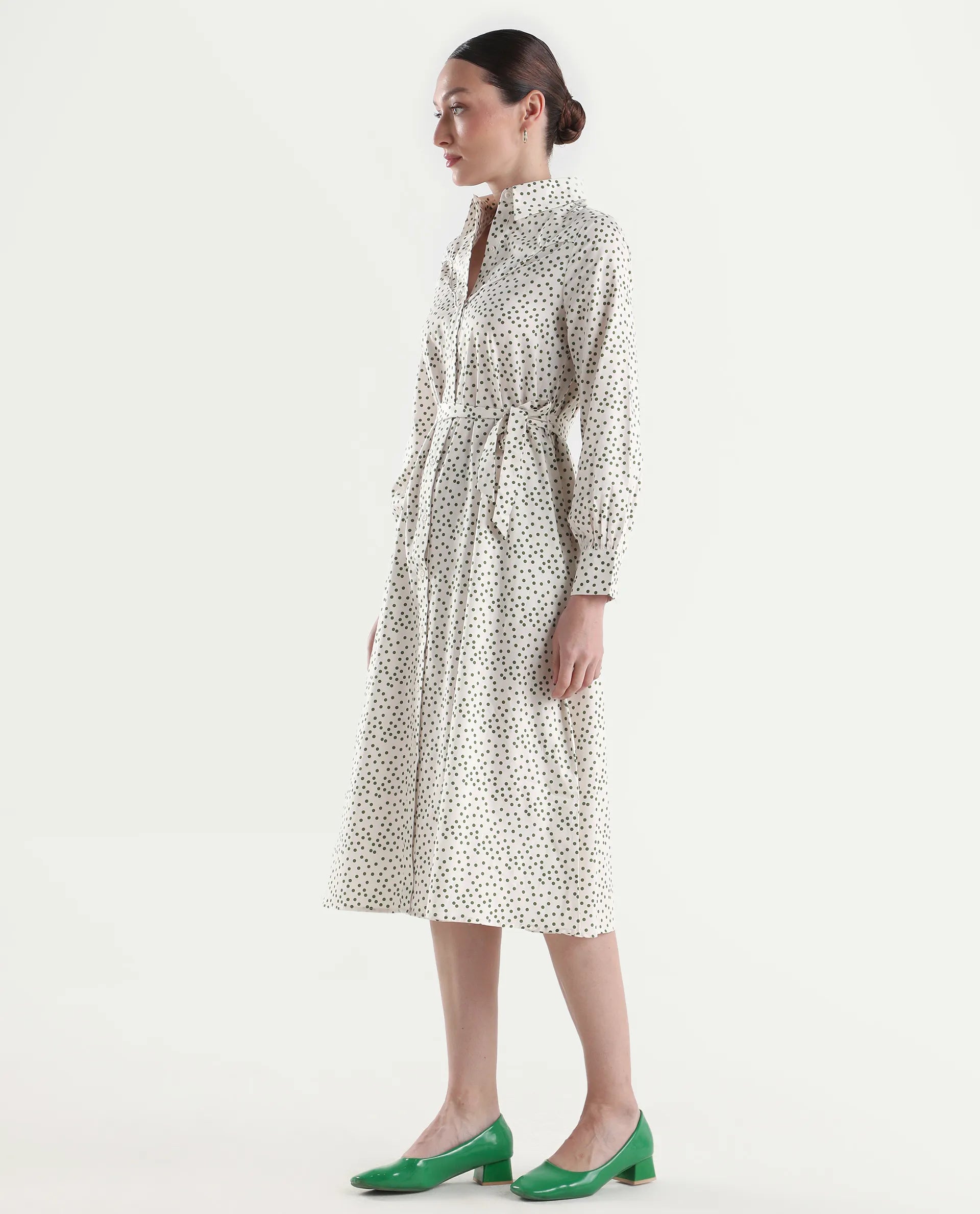Rareism Women's Avac Off White Cotton Satin Full Sleeve A-Line Polka Print Dress