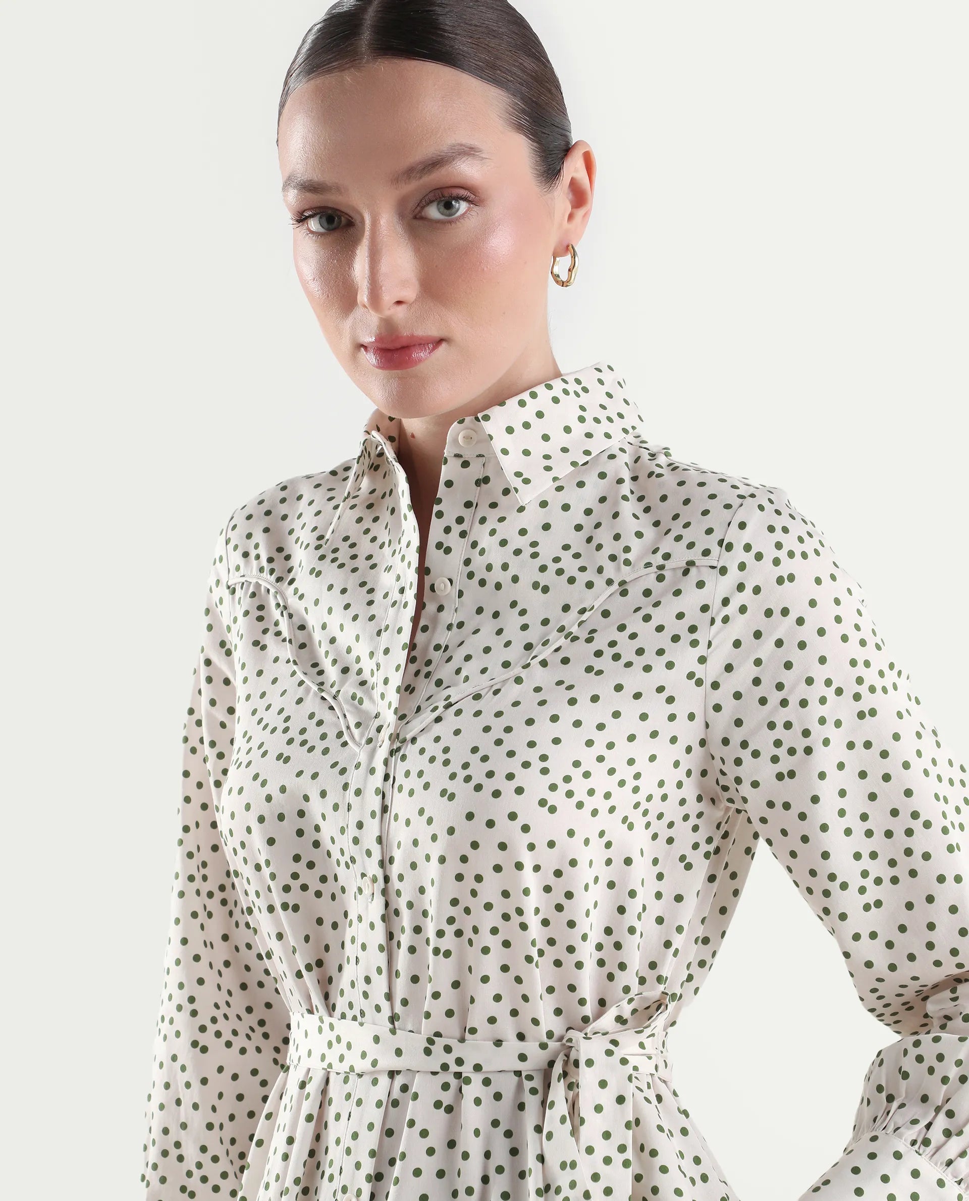Rareism Women's Avac Off White Cotton Satin Full Sleeve A-Line Polka Print Dress