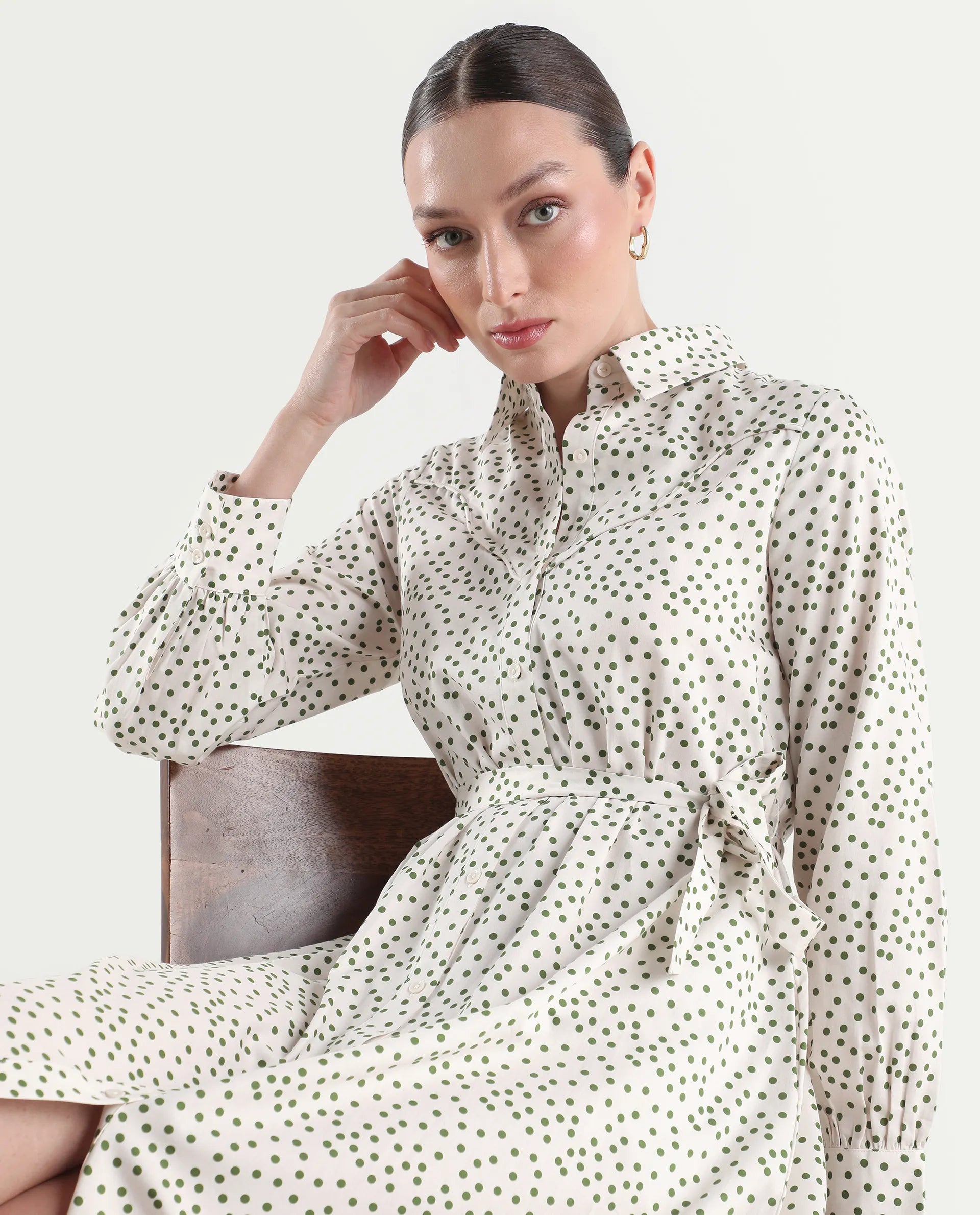Rareism Women's Avac Off White Cotton Satin Full Sleeve A-Line Polka Print Dress