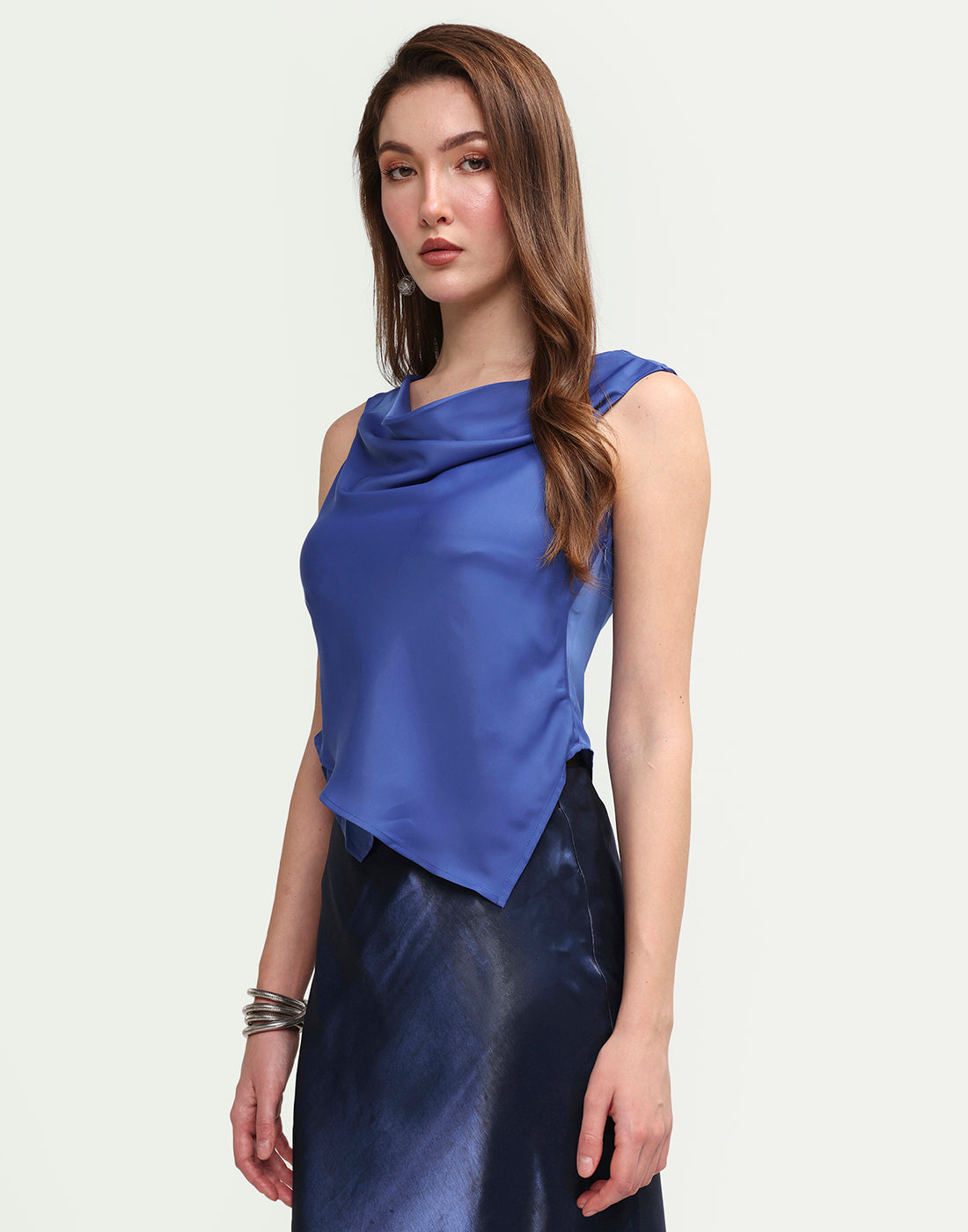 Rareism Women's Avini Blue Polyester Sleeveless Fitted Plain Top