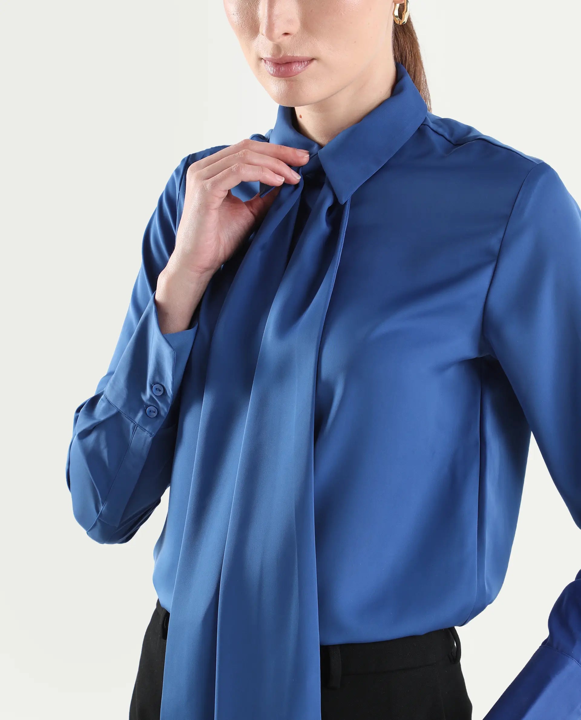 Rareism Women's Aviol Blue Polyester Full Sleeve Regular Fit Plain Top