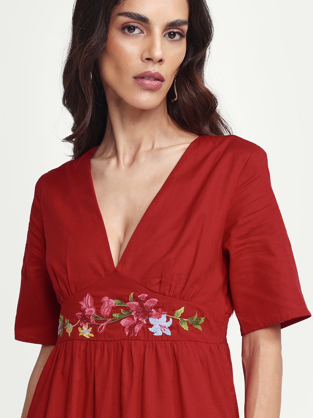 Rareism Women's Aziel Red Cotton Half Sleeve Fit And Flare Plain Dress
