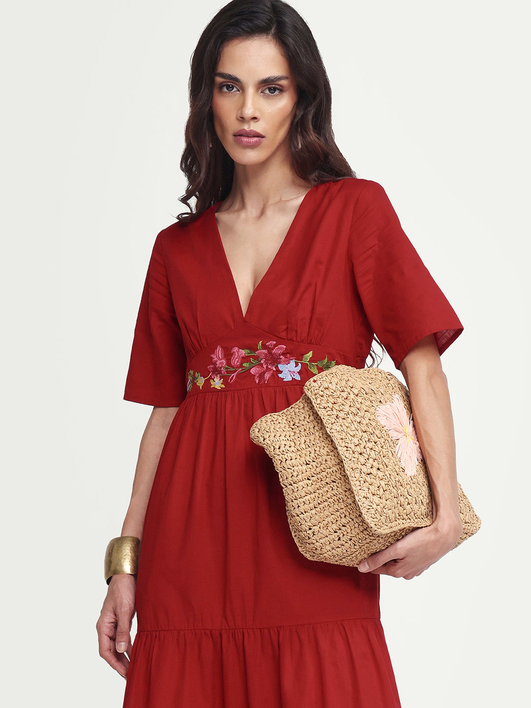 Rareism Women's Aziel Red Cotton Half Sleeve Fit And Flare Plain Dress