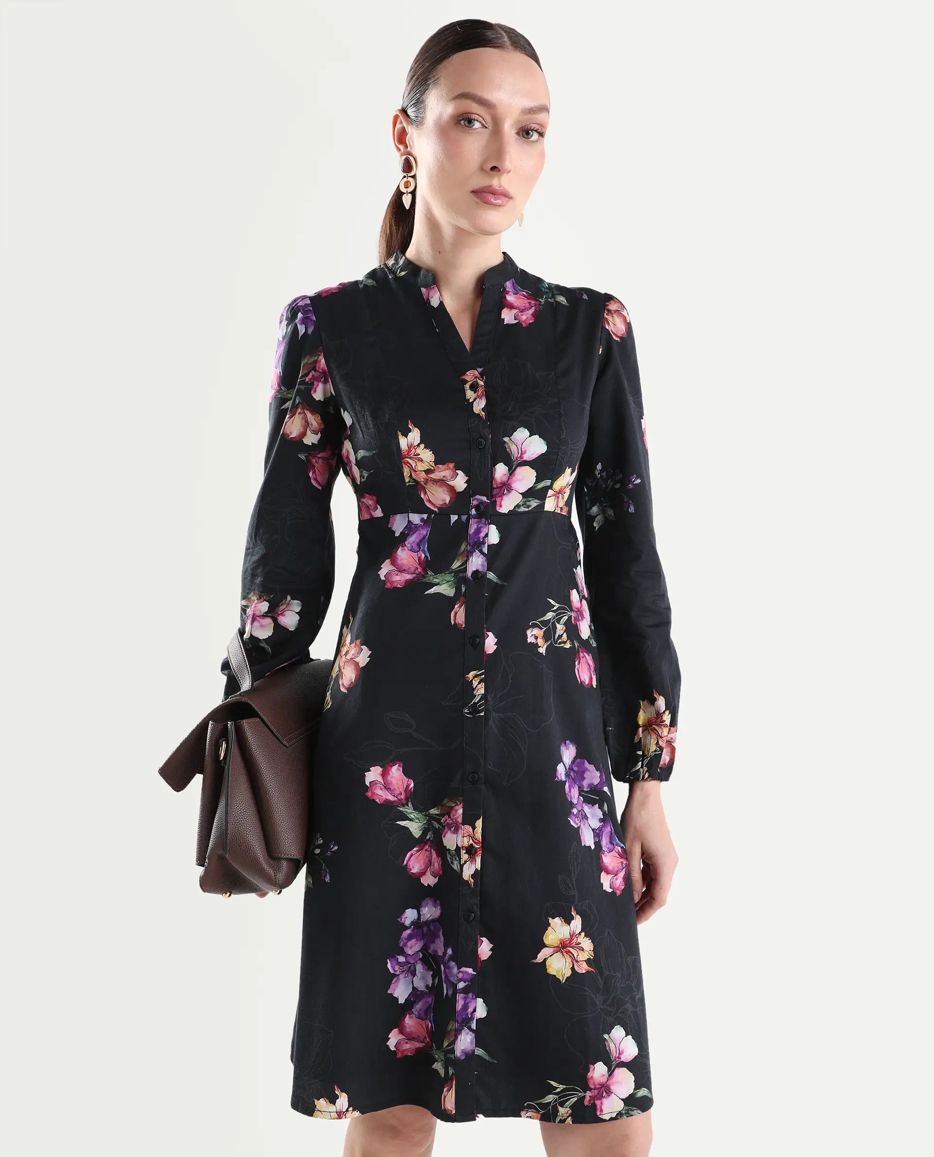 Rareism Women's Calin Black Cotton Full Sleeve A-Line Floral Print Dress