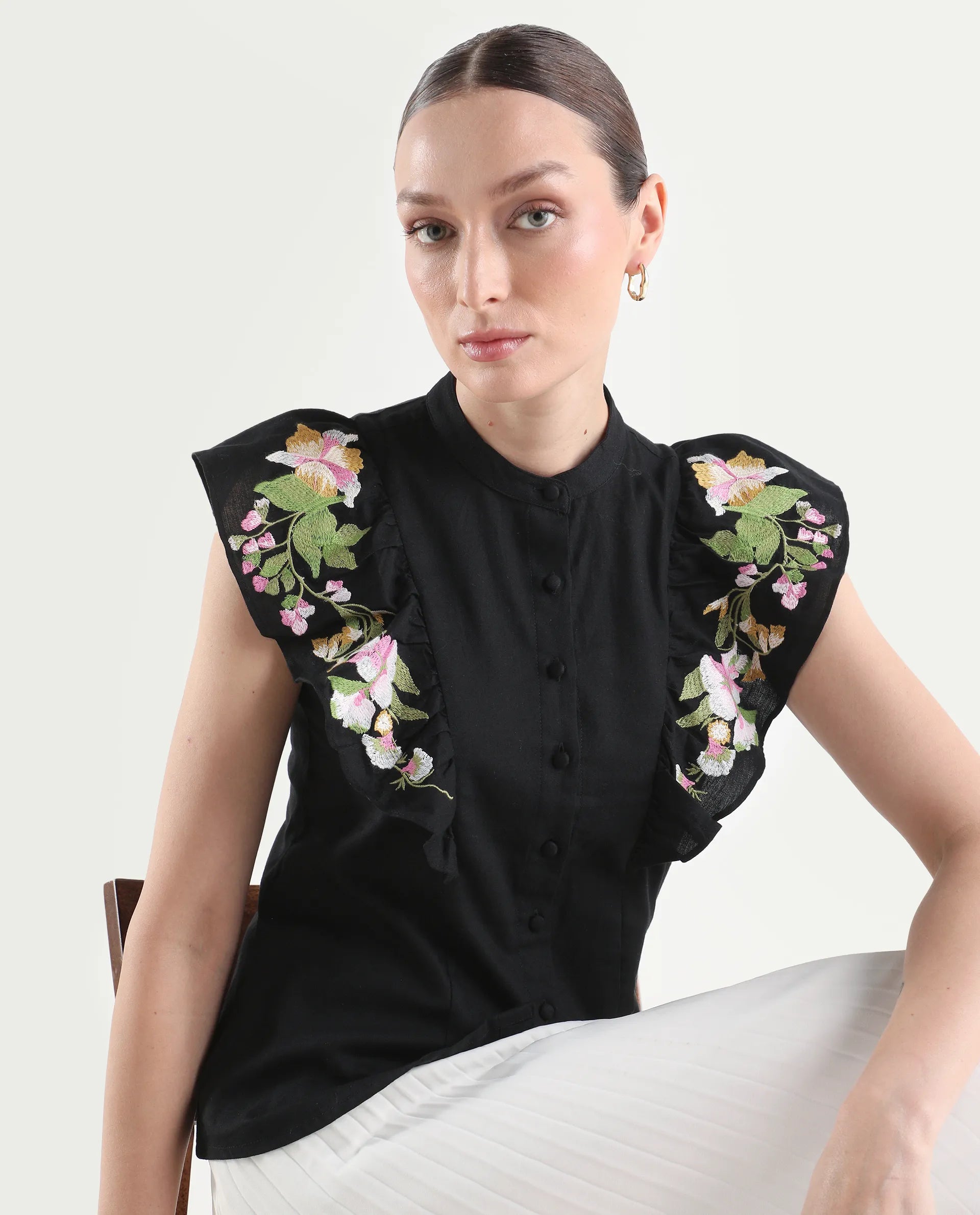 Rareism Women's Cami Black Cotton Sleeveless Regular Fit Plain Top