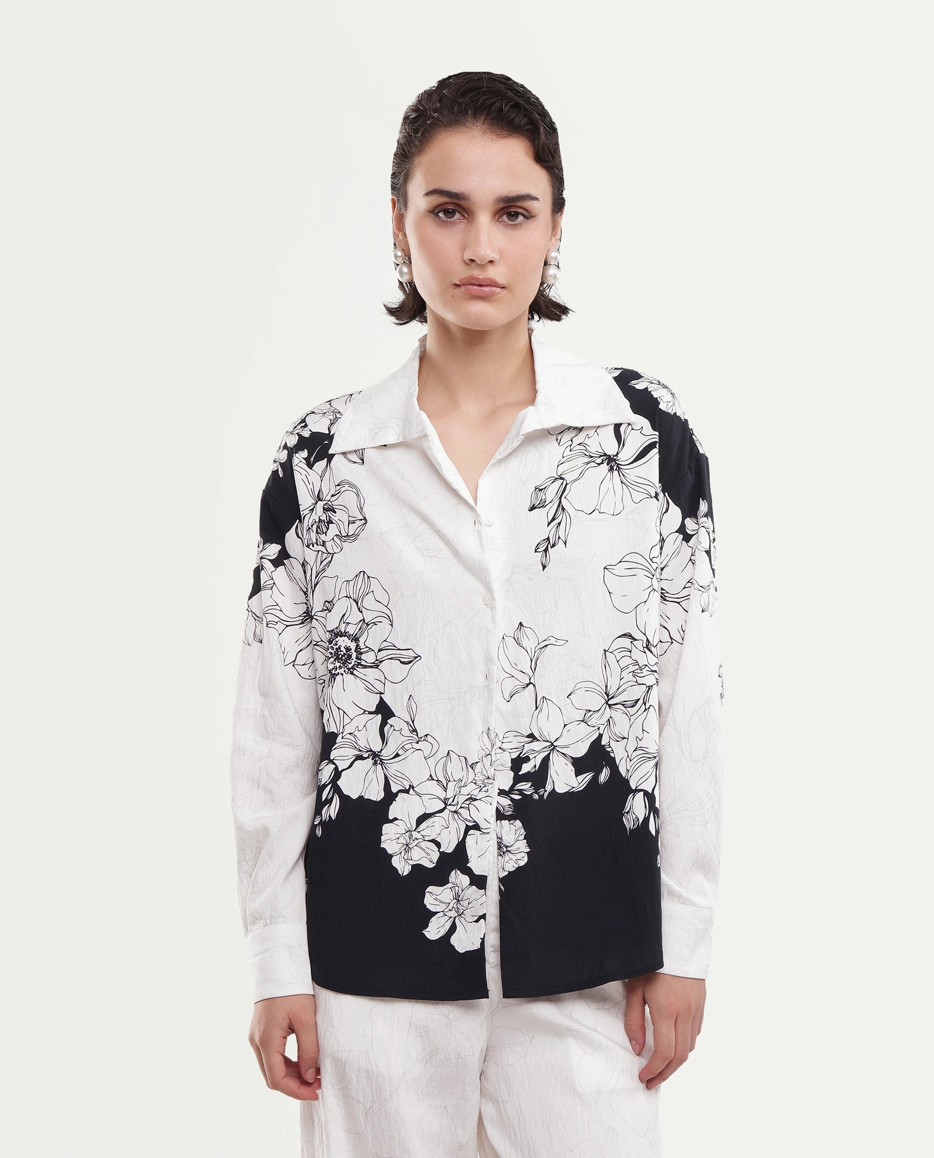 Rareism Women's Camiya-T White Viscose Blend Full Sleeve Boxy Printed Shirt