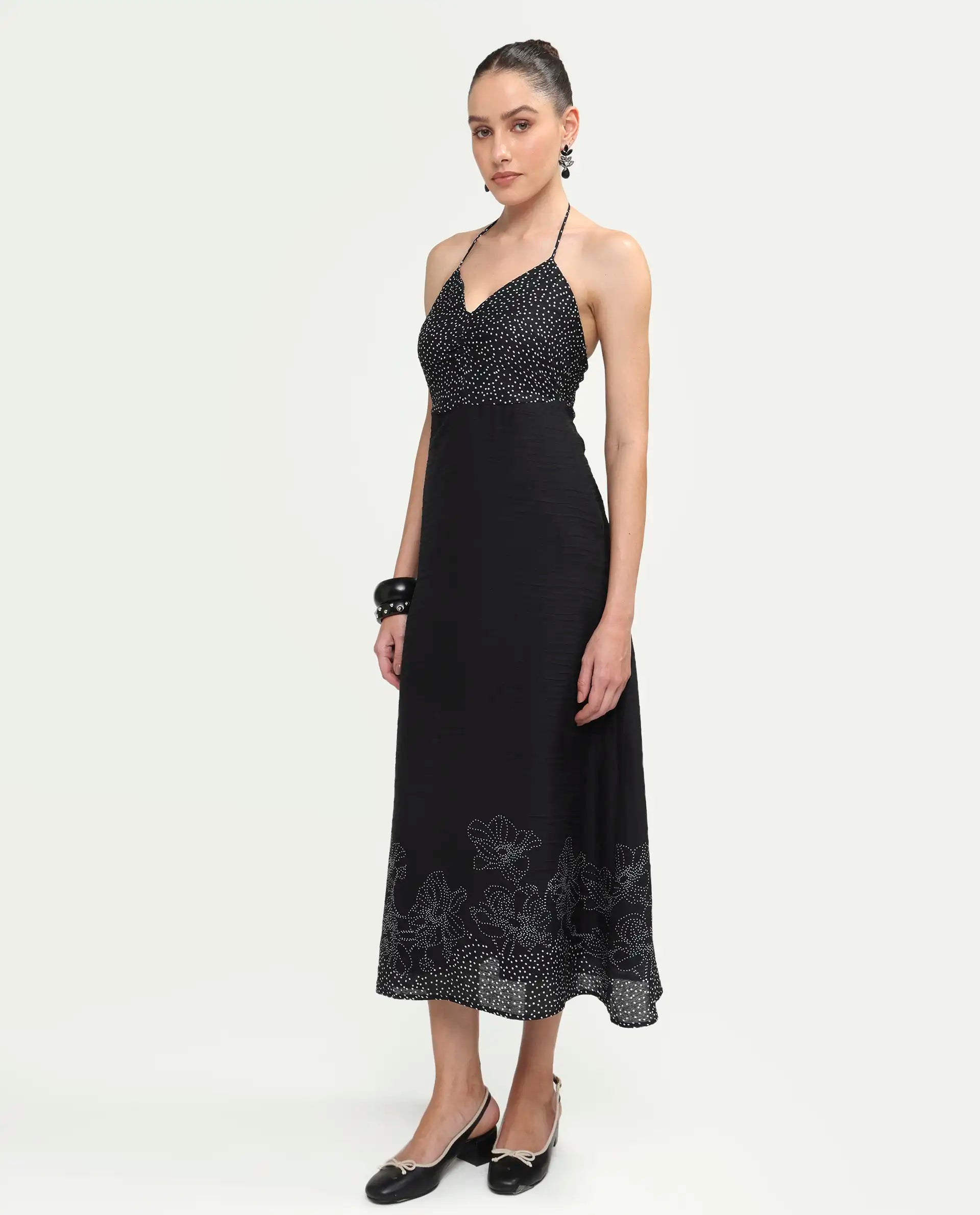 Rareism Women's Cassy Black Polyester Sleeveless Fit And Flare Floral Print Dress