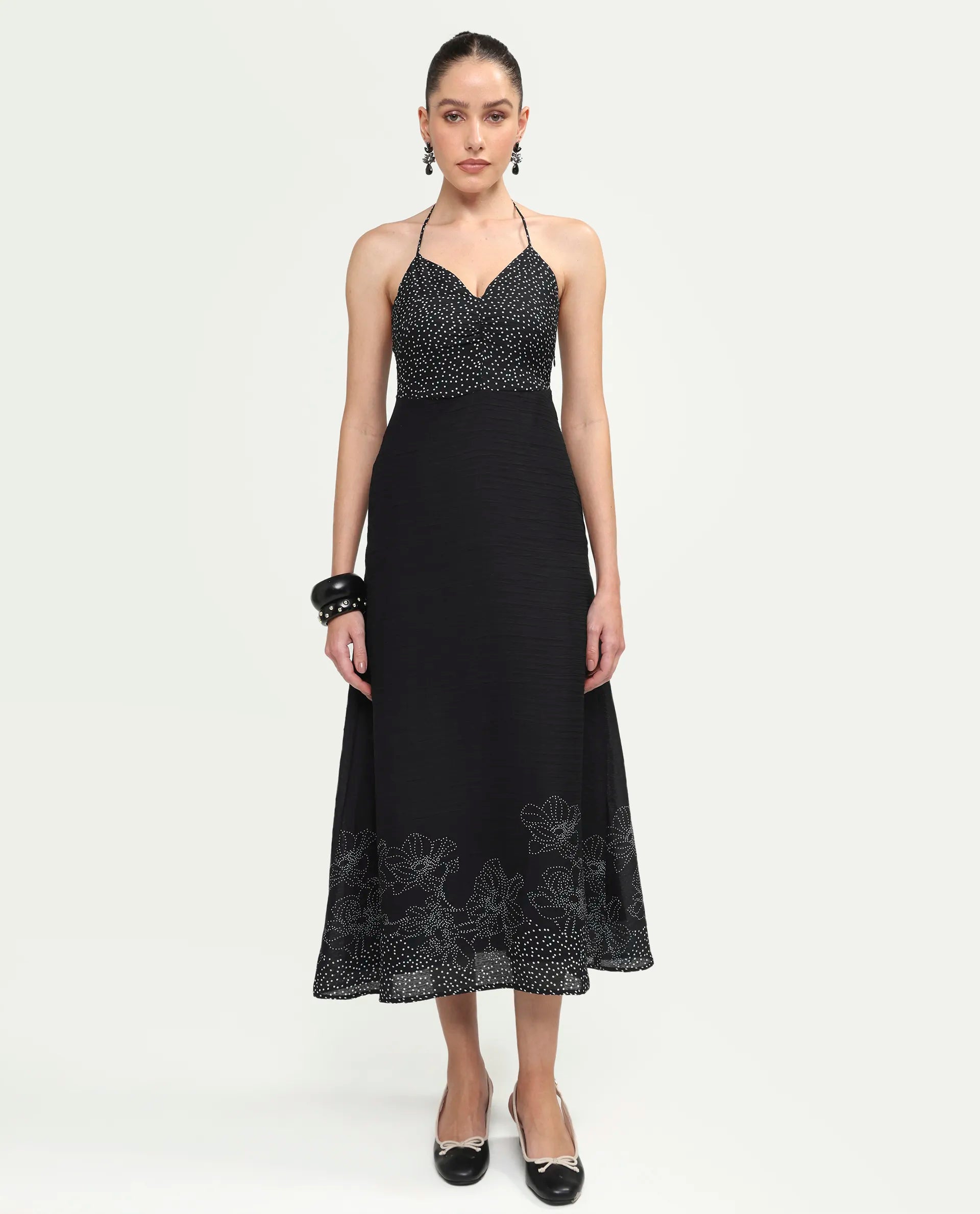 Rareism Women's Cassy Black Polyester Sleeveless Fit And Flare Floral Print Dress