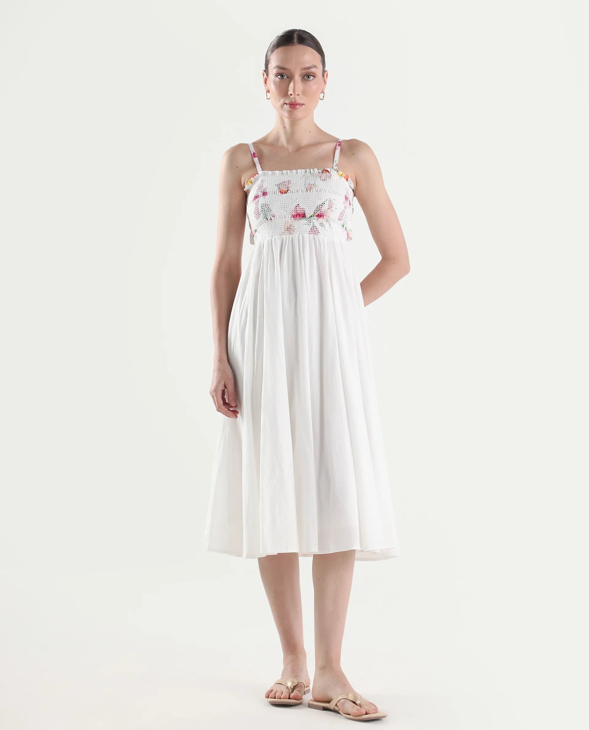 Rareism Women's Ceana Off White Cotton Sleeveless Fit And Flare Floral Print Dress