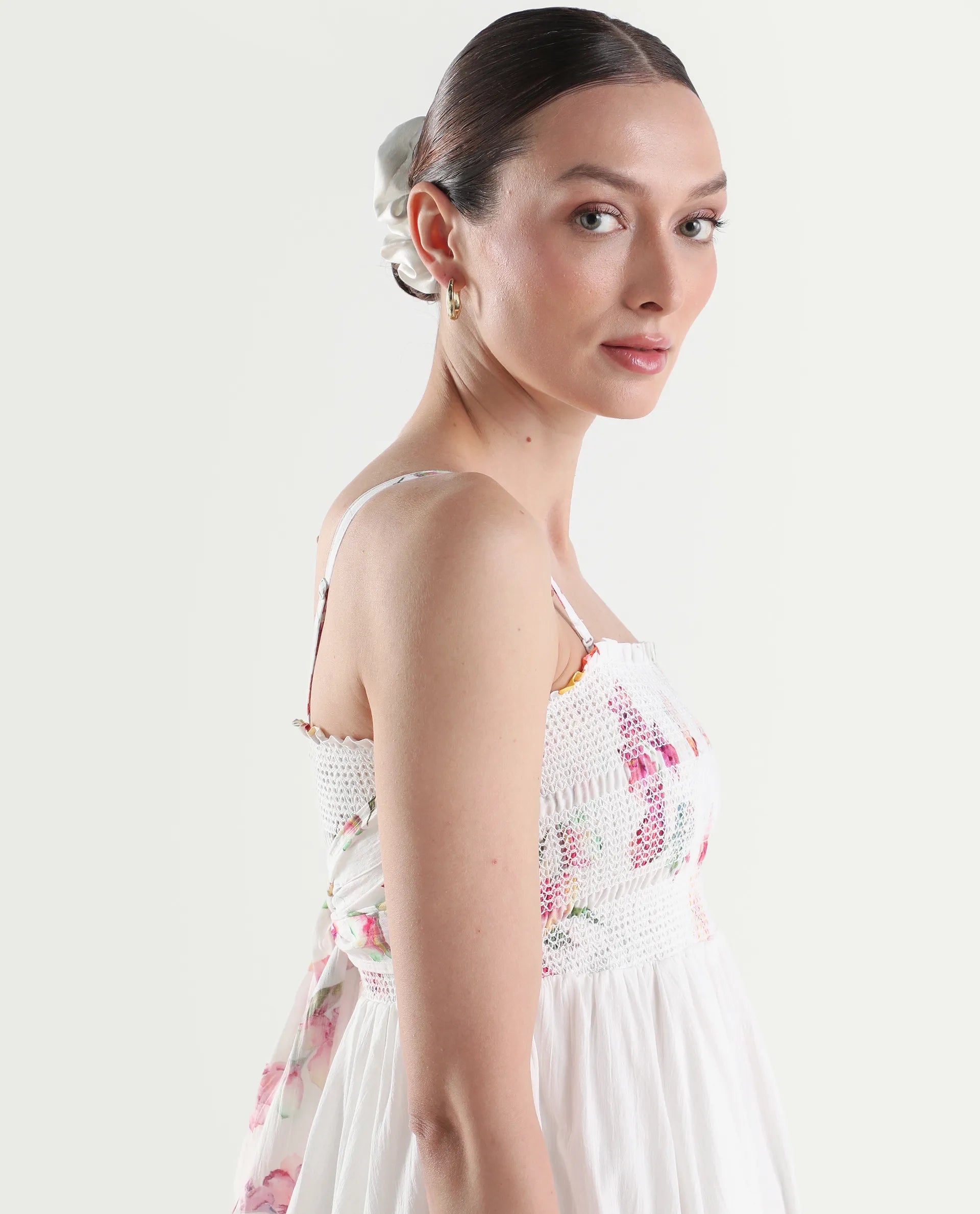 Rareism Women's Ceana Off White Cotton Sleeveless Fit And Flare Floral Print Dress