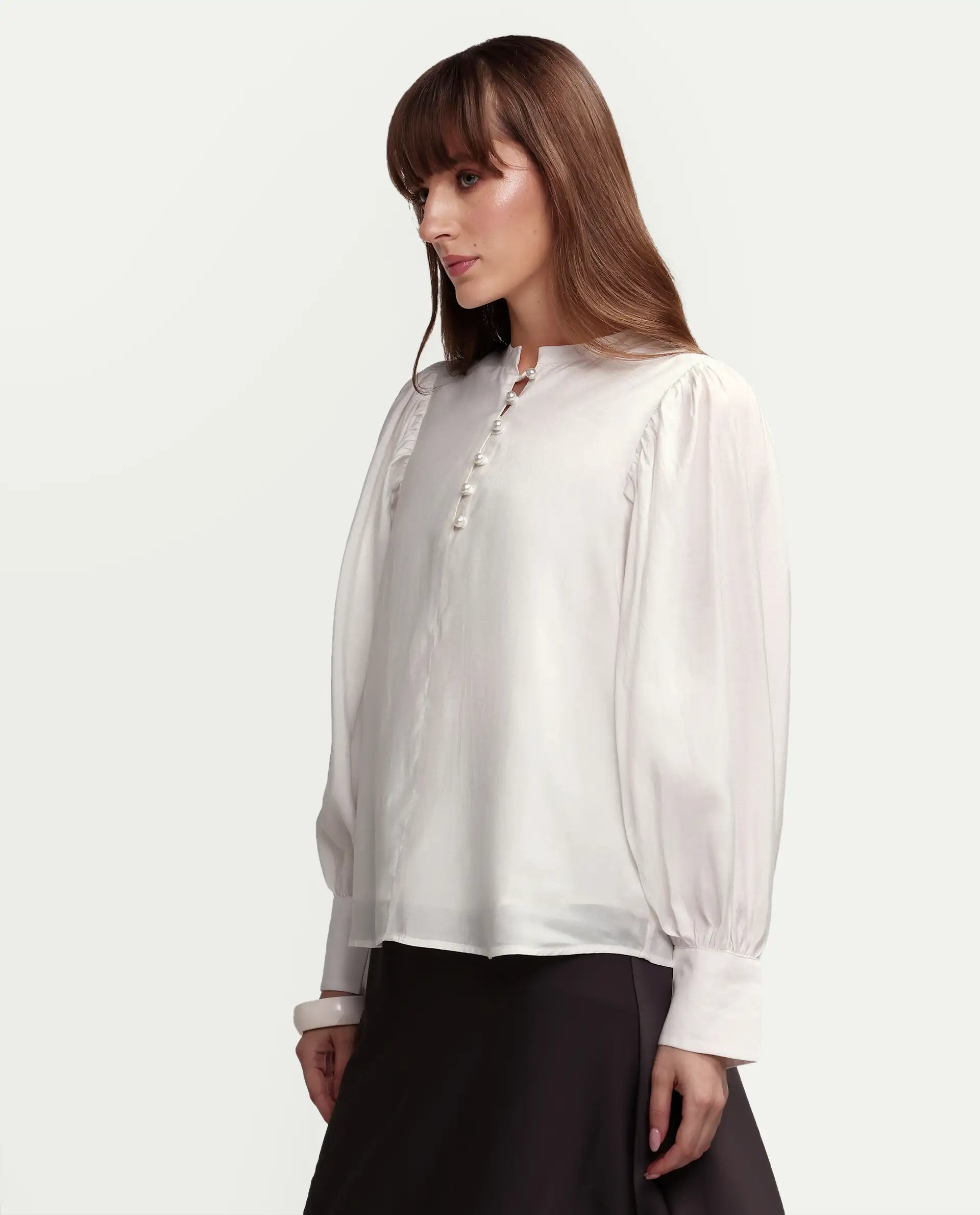 Rareism Women's Ceca Off White Viscose Blend Full Sleeve Relaxed Fit Plain Top