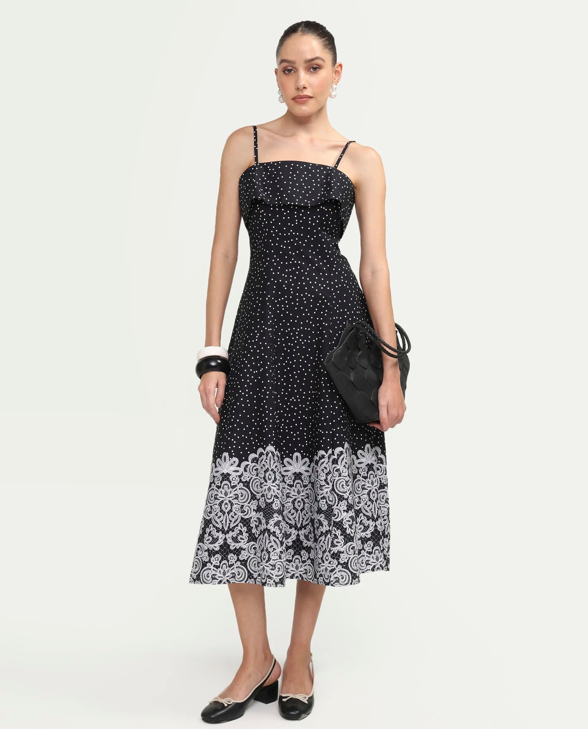 Rareism Women's Cerah Black Cotton Sleeveless A-Line Polka Print Dress