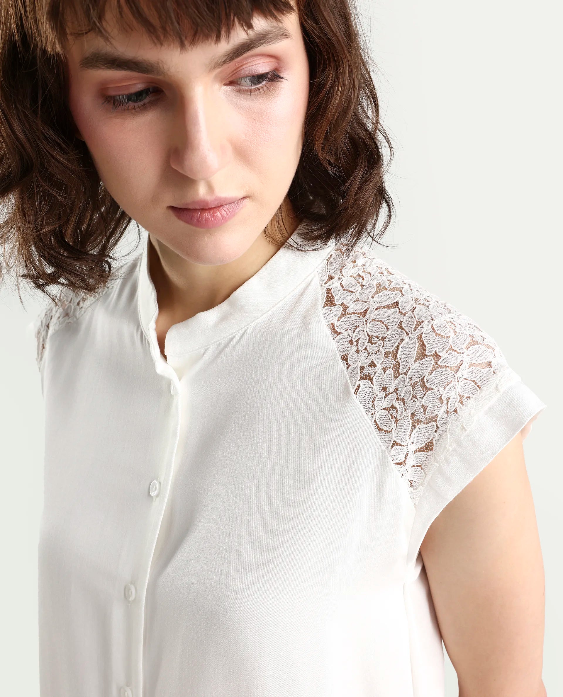 Rareism Women's Cida Off White Viscose Blend Half Sleeve Regular Fit Plain Top