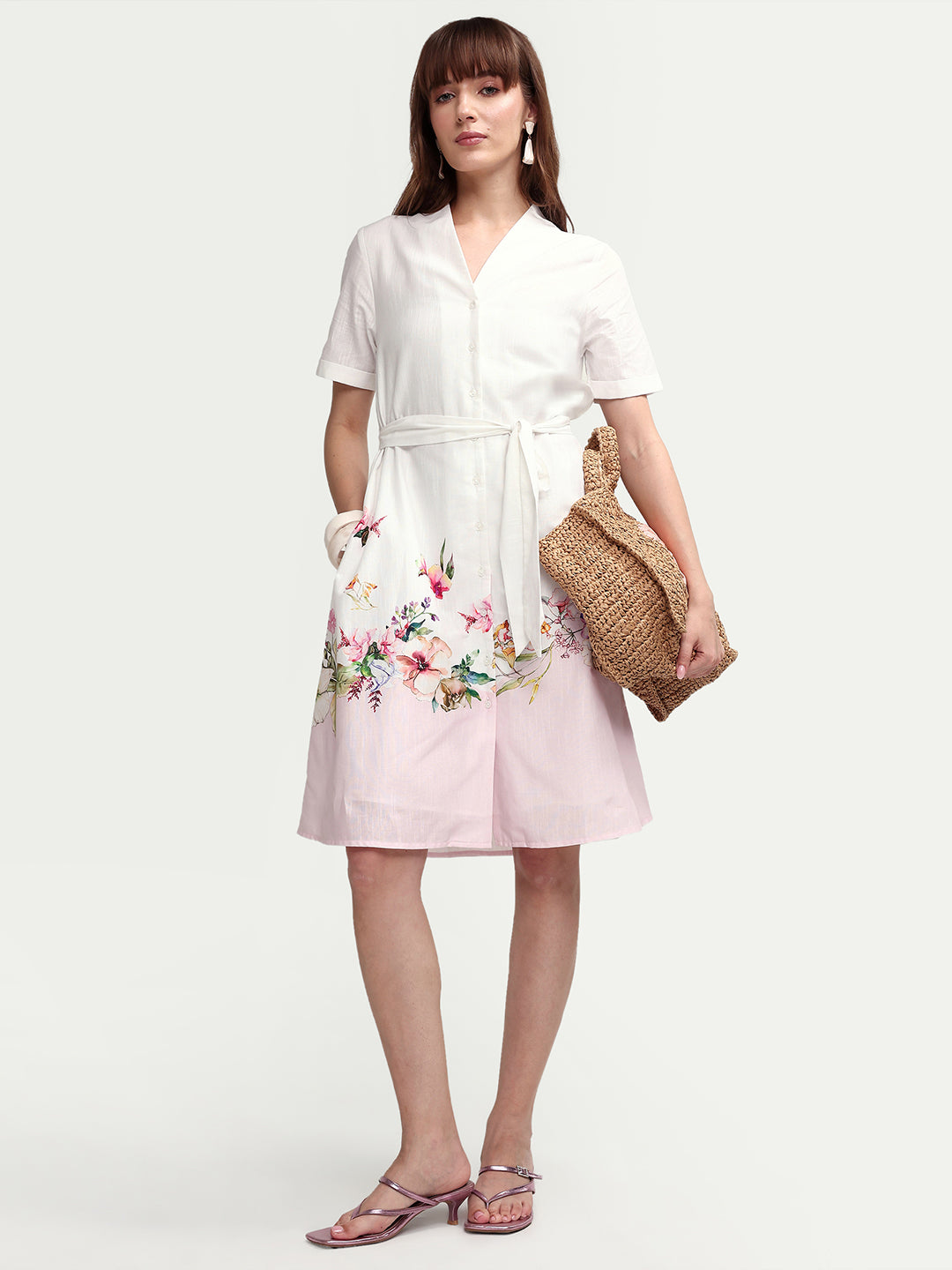 Rareism Women's Cilian White Cotton Blend Half Sleeve A-Line Floral Print Dress