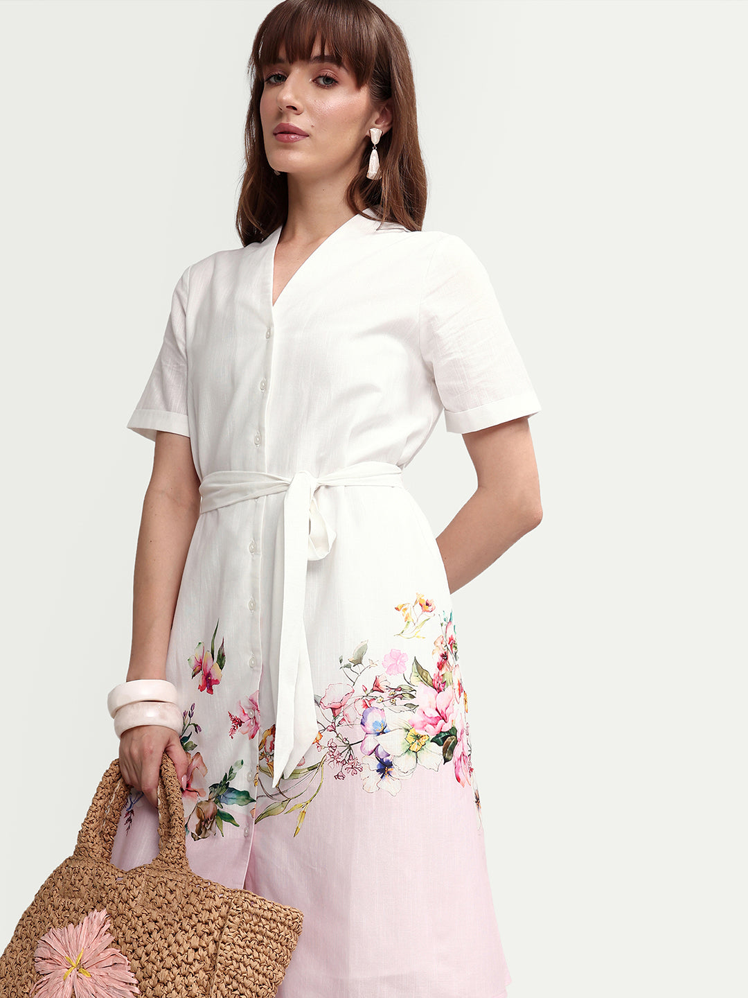 Rareism Women's Cilian White Cotton Blend Half Sleeve A-Line Floral Print Dress