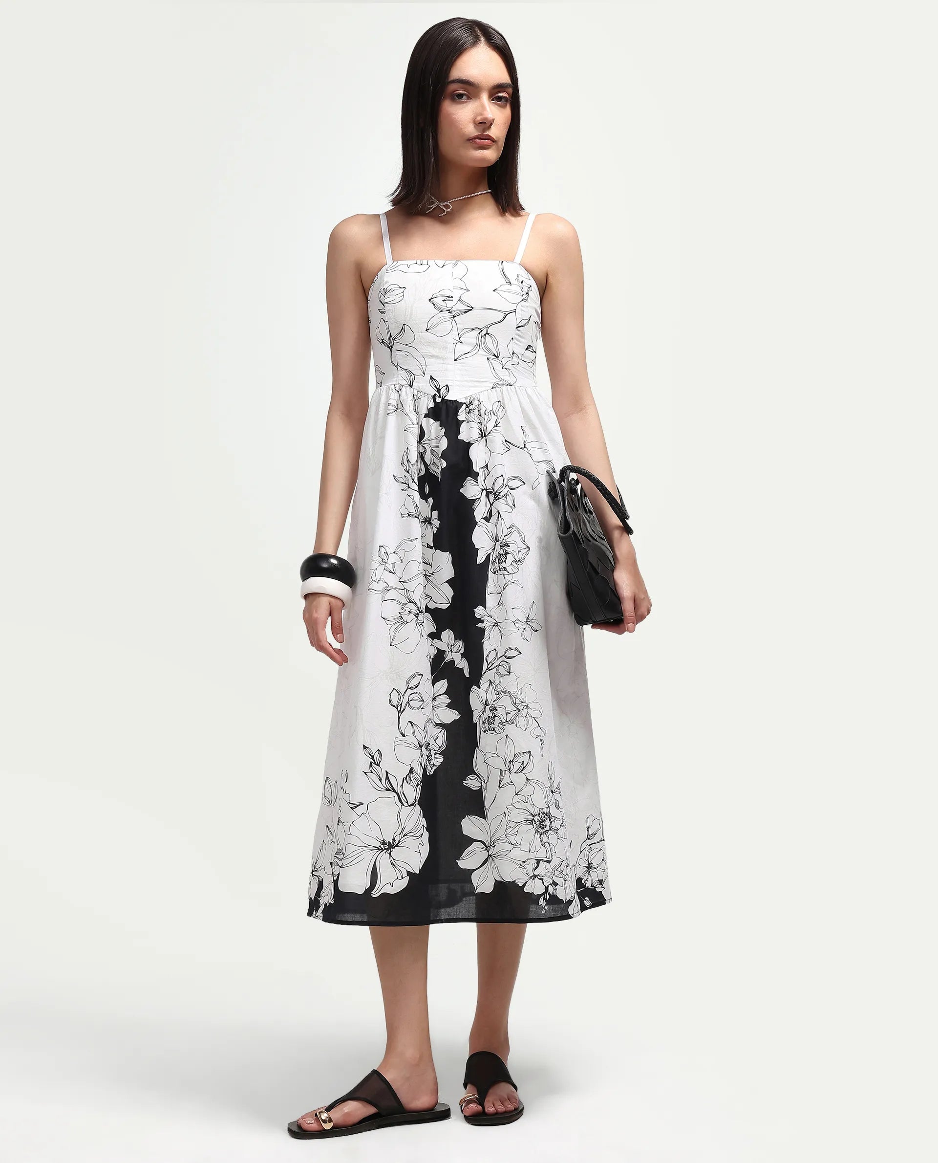 Rareism Women's Clara White Cotton Sleeveless Fit And Flare Floral Print Dress