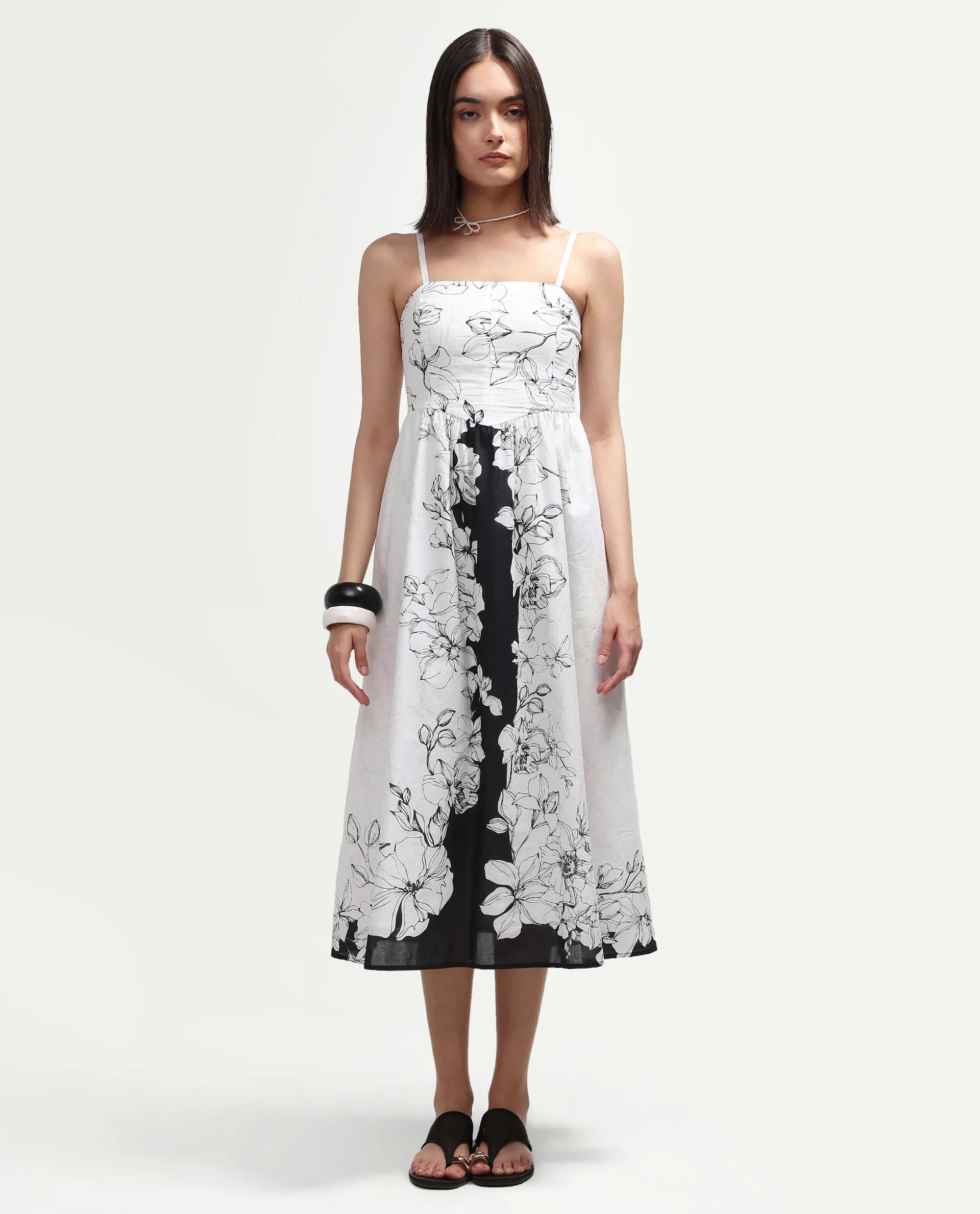 Rareism Women's Clara White Cotton Sleeveless Fit And Flare Floral Print Dress