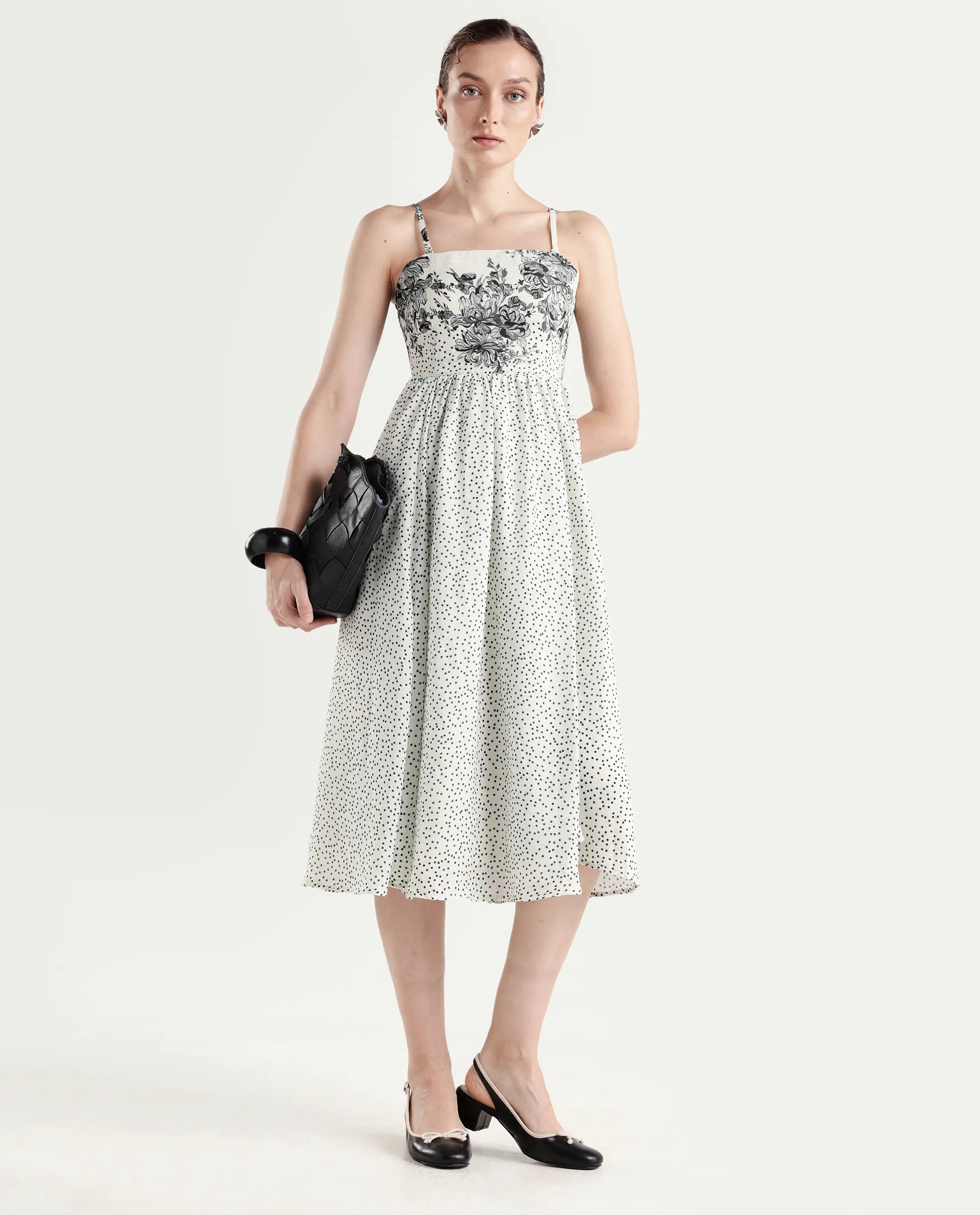 Rareism Women's Clora Off White Polyester Sleeveless Fit And Flare Floral Print Dress