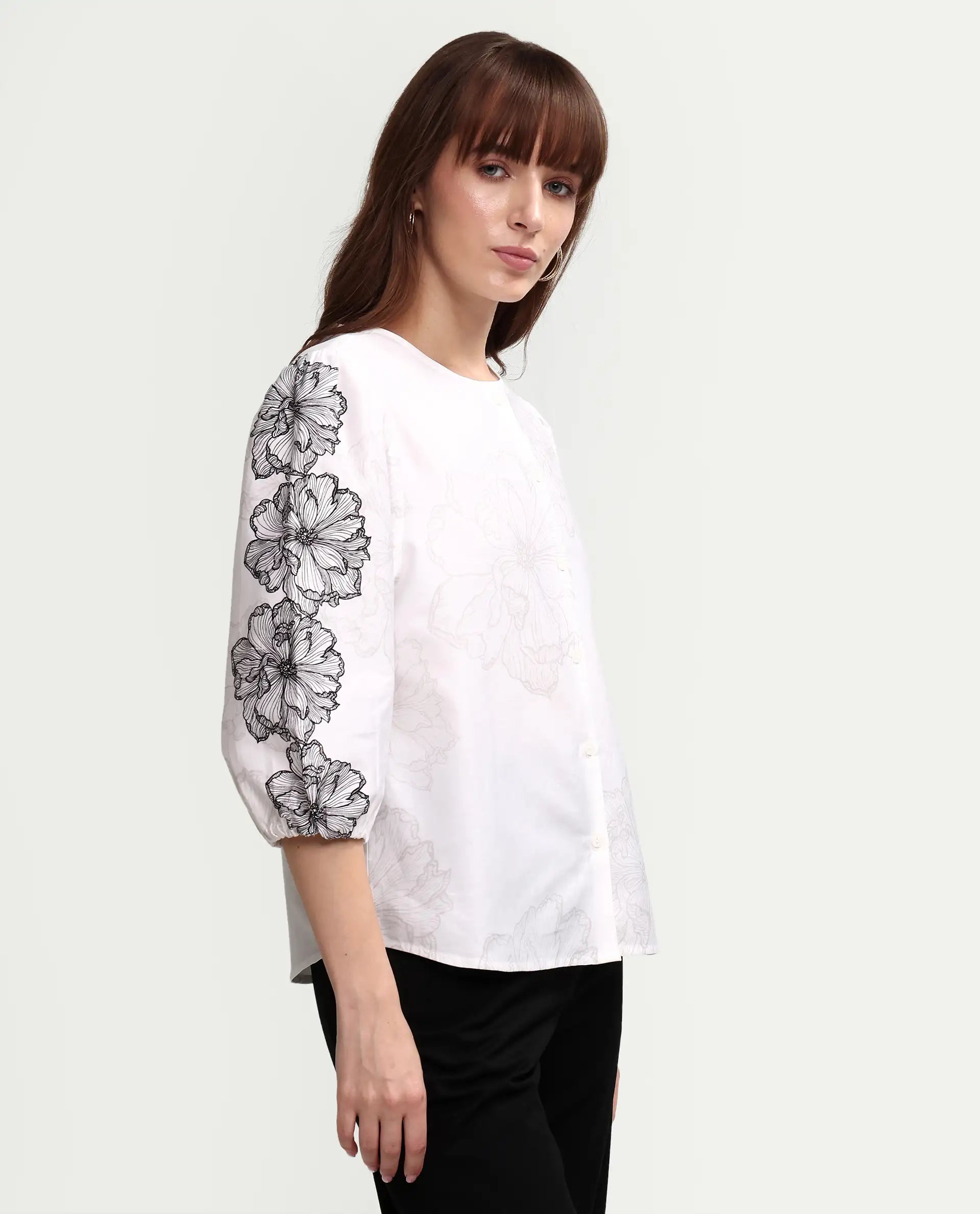 Rareism Women's Clov White Cotton 3/4Th Sleeve Regular Fit Floral Print Top