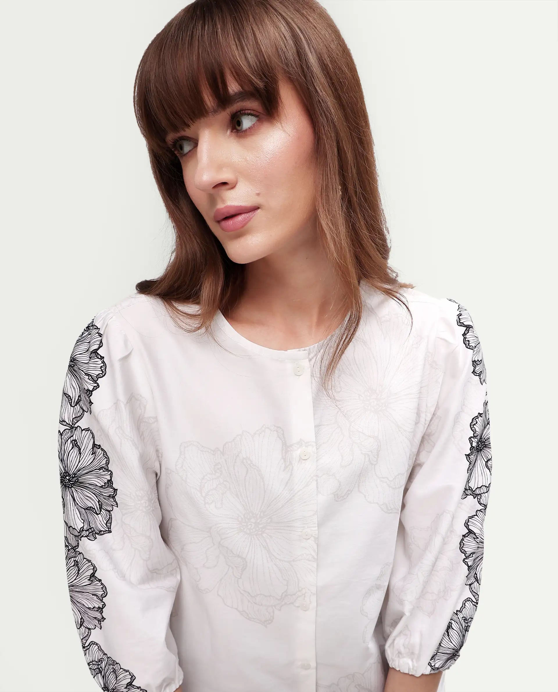 Rareism Women's Clov White Cotton 3/4Th Sleeve Regular Fit Floral Print Top