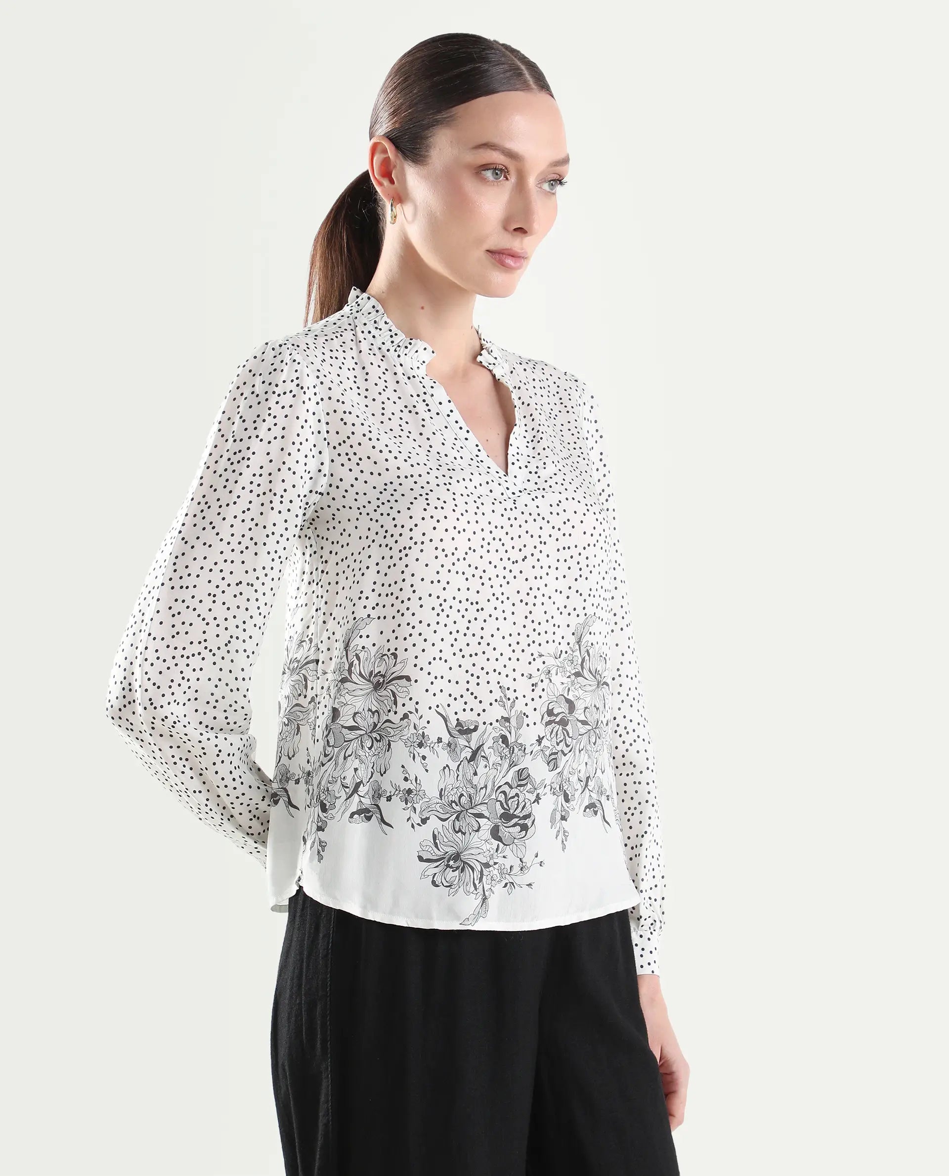 Rareism Women's Coco Off White Viscose Blend Full Sleeve Relaxed Fit Floral Print Top