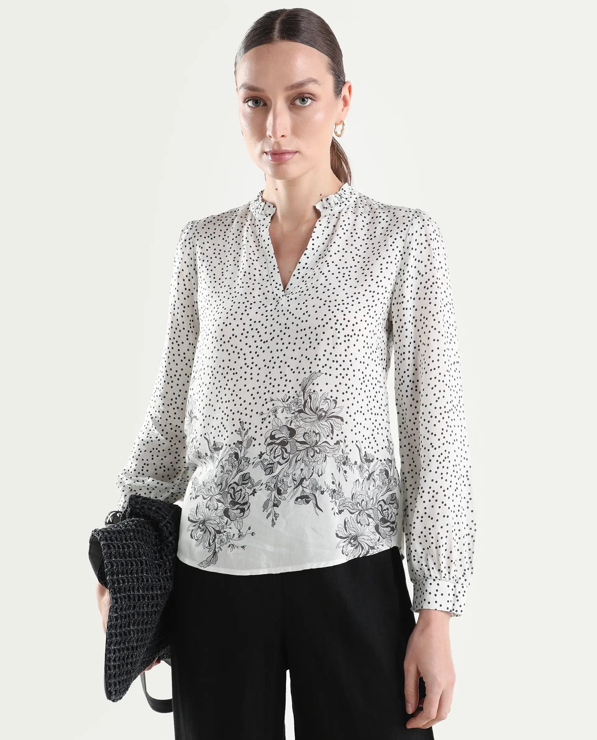 Rareism Women's Coco Off White Viscose Blend Full Sleeve Relaxed Fit Floral Print Top