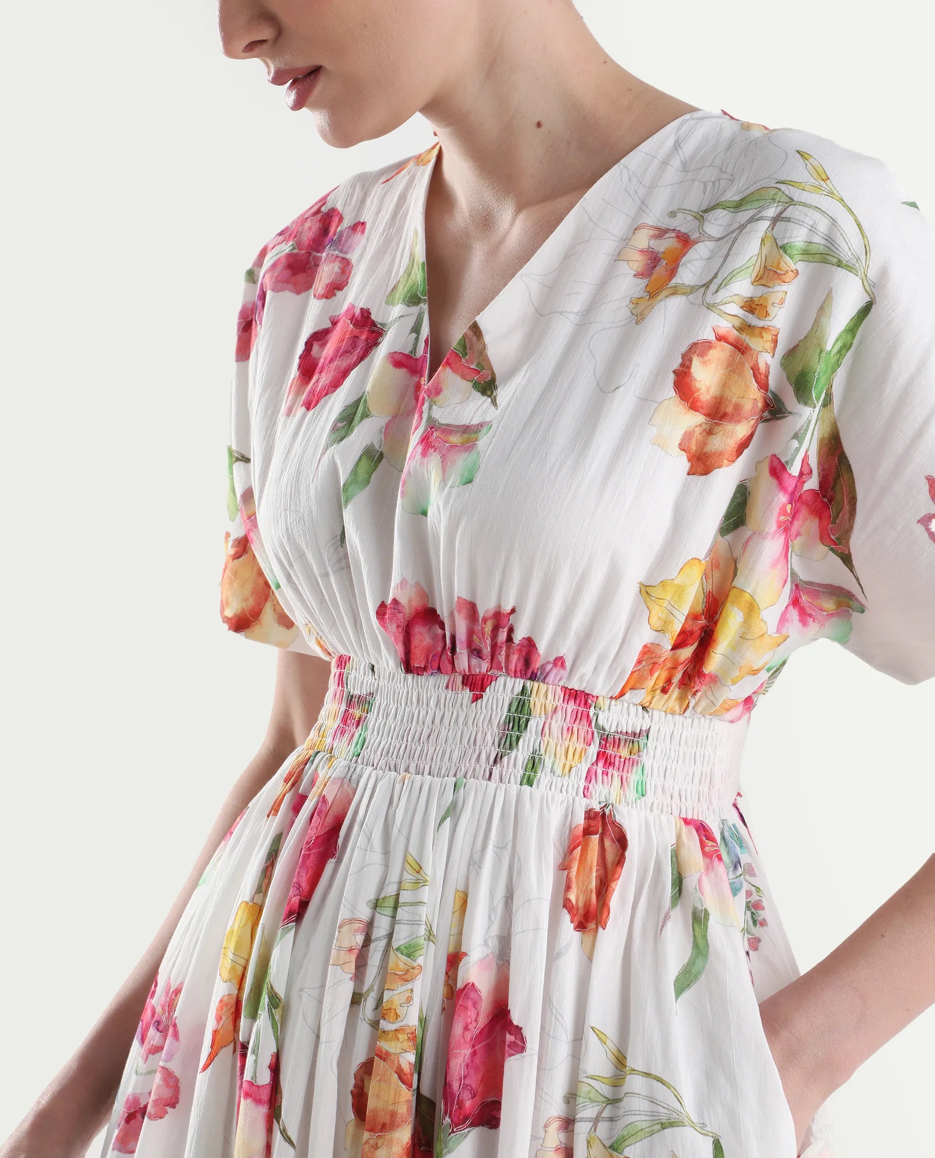 Rareism Women's Curie White Cotton Half Sleeve Fit And Flare Floral Print Dress