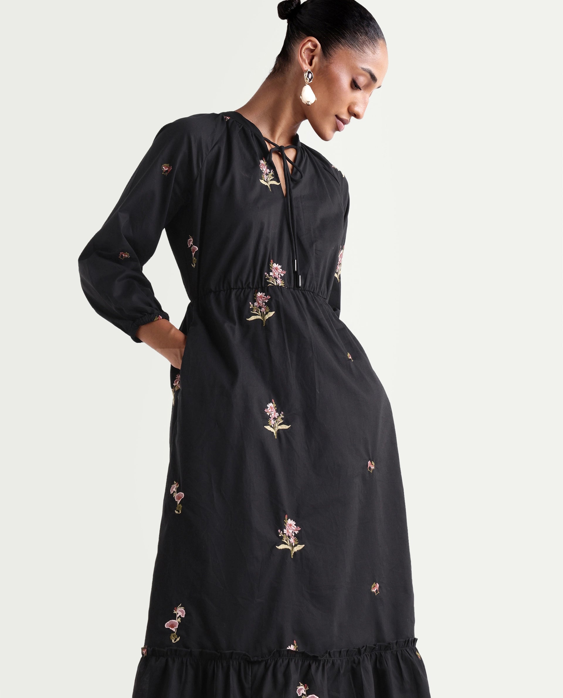 Rareism Women's Cyndin Black Viscose Blend Tie-Up Fit And Flare Plain Dress