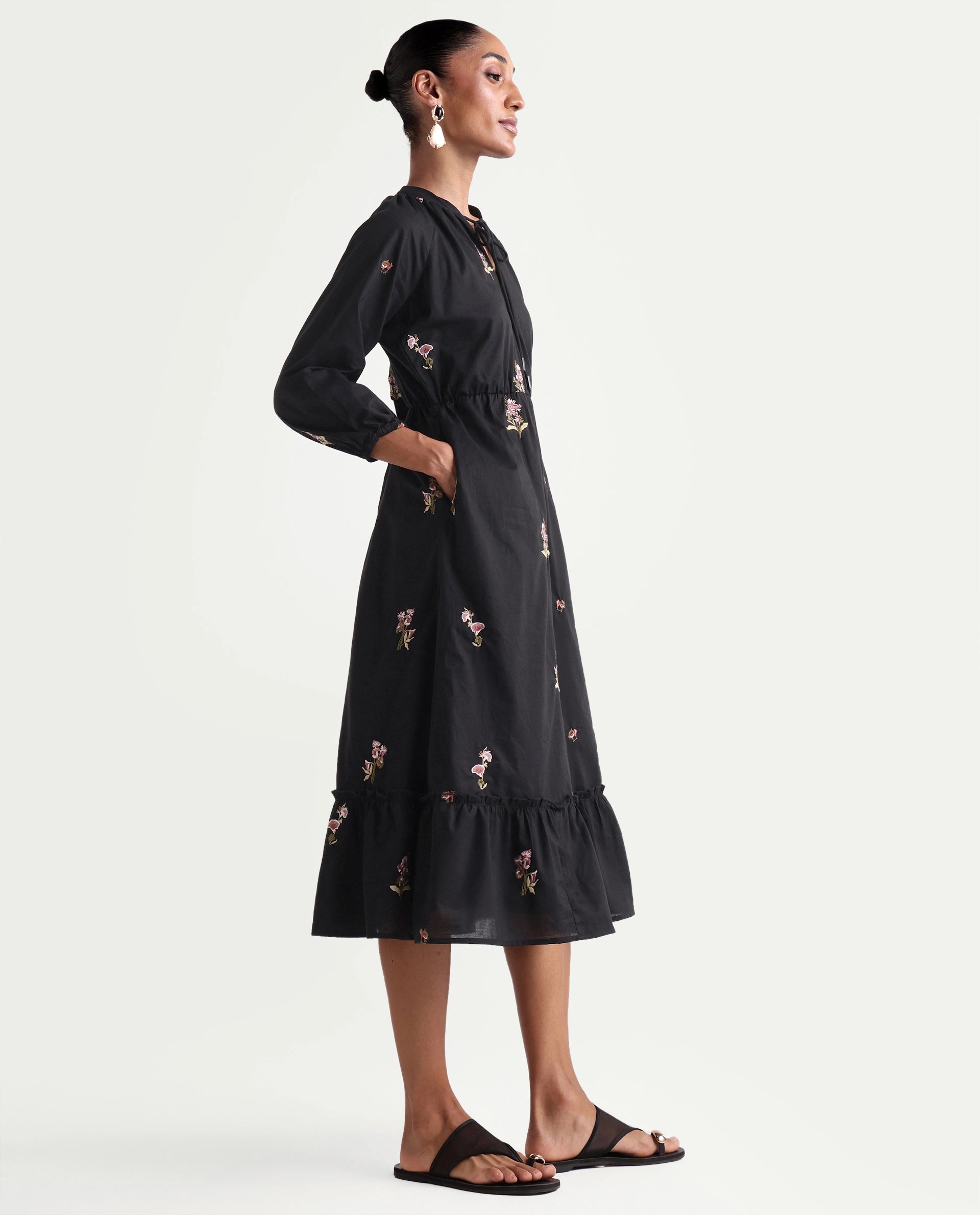 Rareism Women's Cyndin Black Viscose Blend Tie-Up Fit And Flare Plain Dress