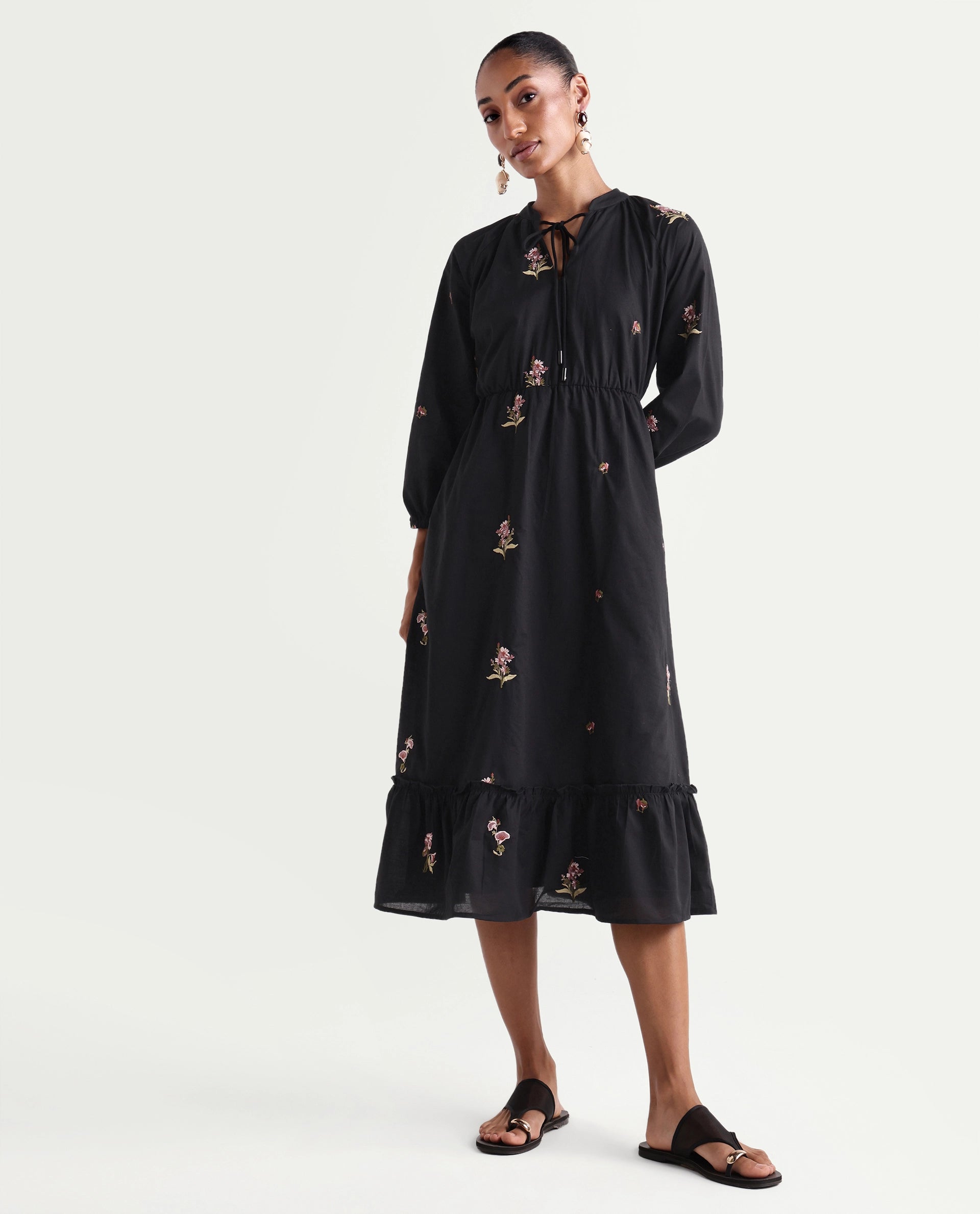 Rareism Women's Cyndin Black Viscose Blend Tie-Up Fit And Flare Plain Dress