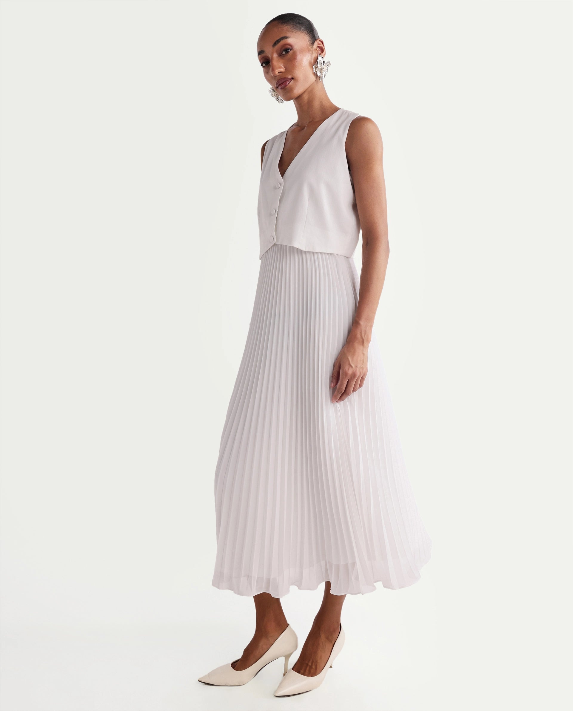 Rareism Women's Mace Off White Cotton Blend Sleeveless V-Neck A-Line Dress