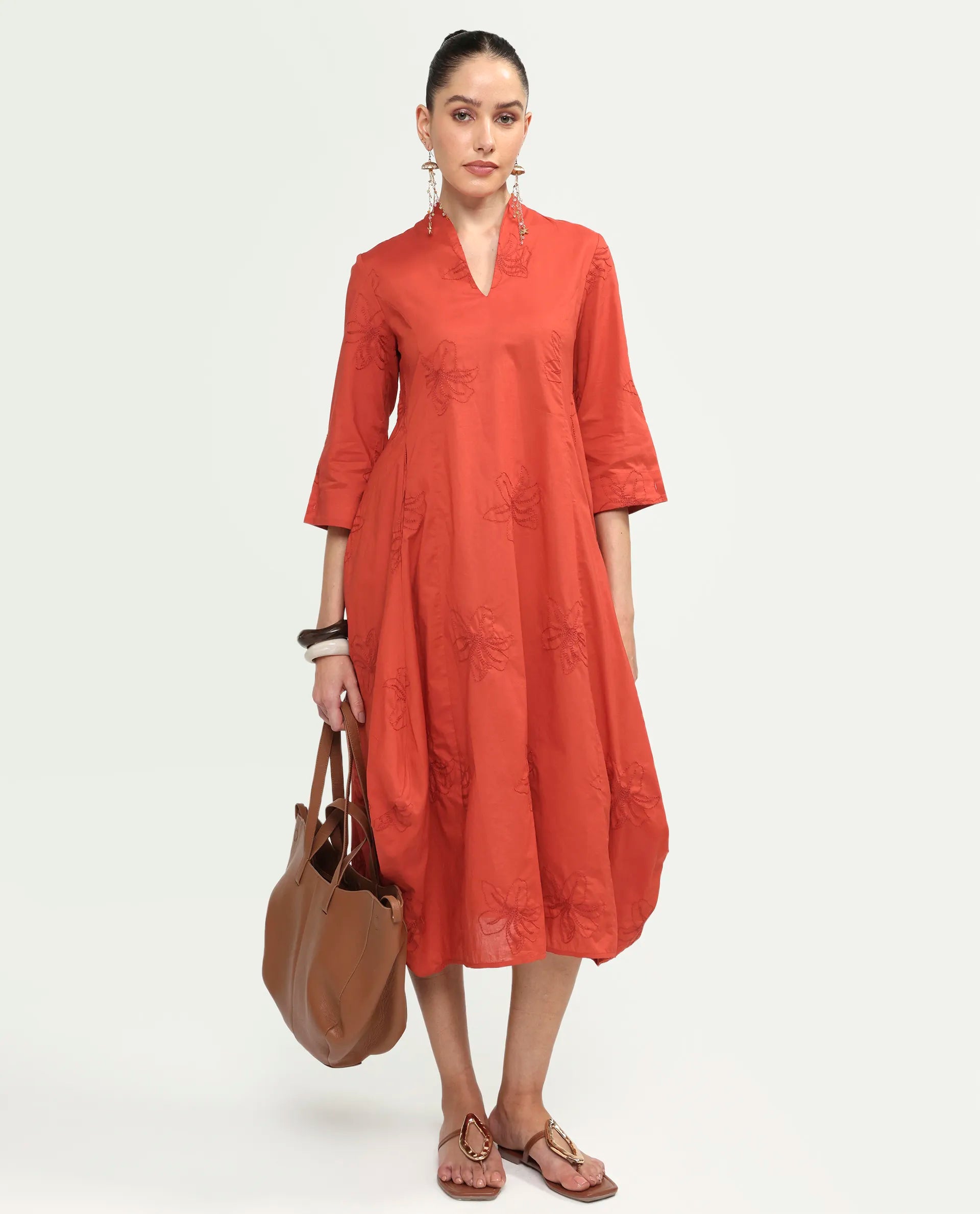 Rareism Women's Marky Rust Cotton 3/4Th Sleeve V-Neck Relaxed Embroidered Dress