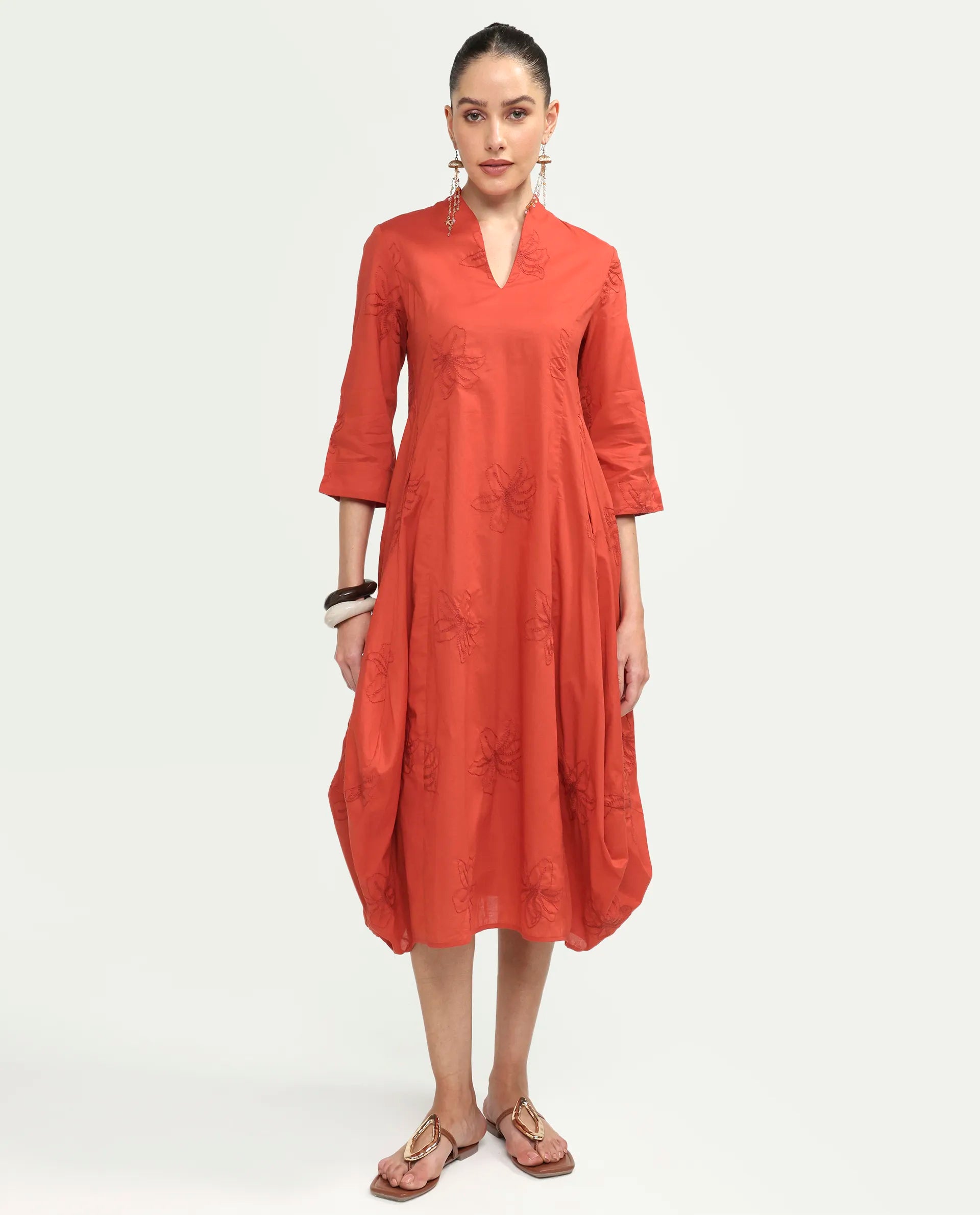 Rareism Women's Marky Rust Cotton 3/4Th Sleeve V-Neck Relaxed Embroidered Dress