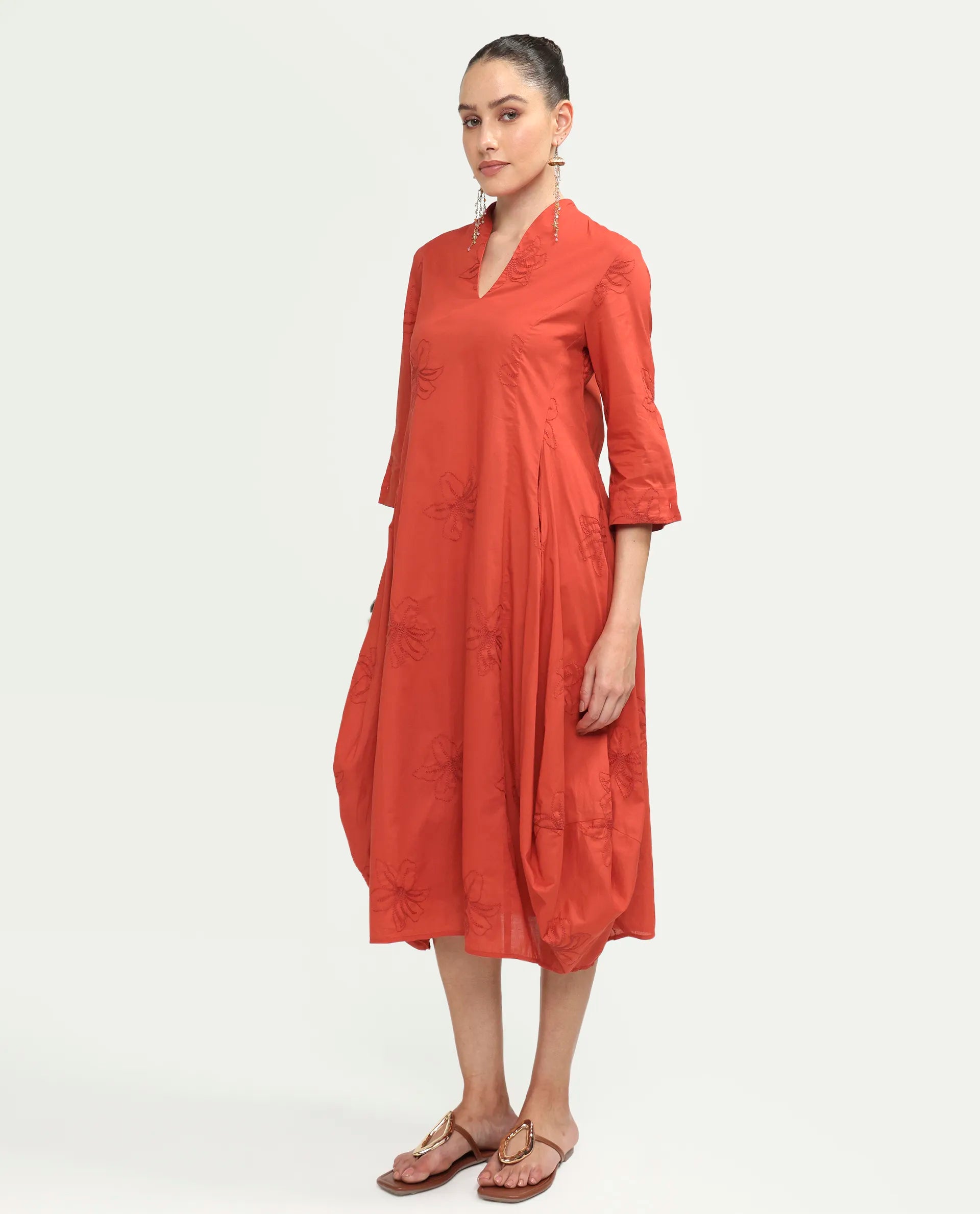 Rareism Women's Marky Rust Cotton 3/4Th Sleeve V-Neck Relaxed Embroidered Dress