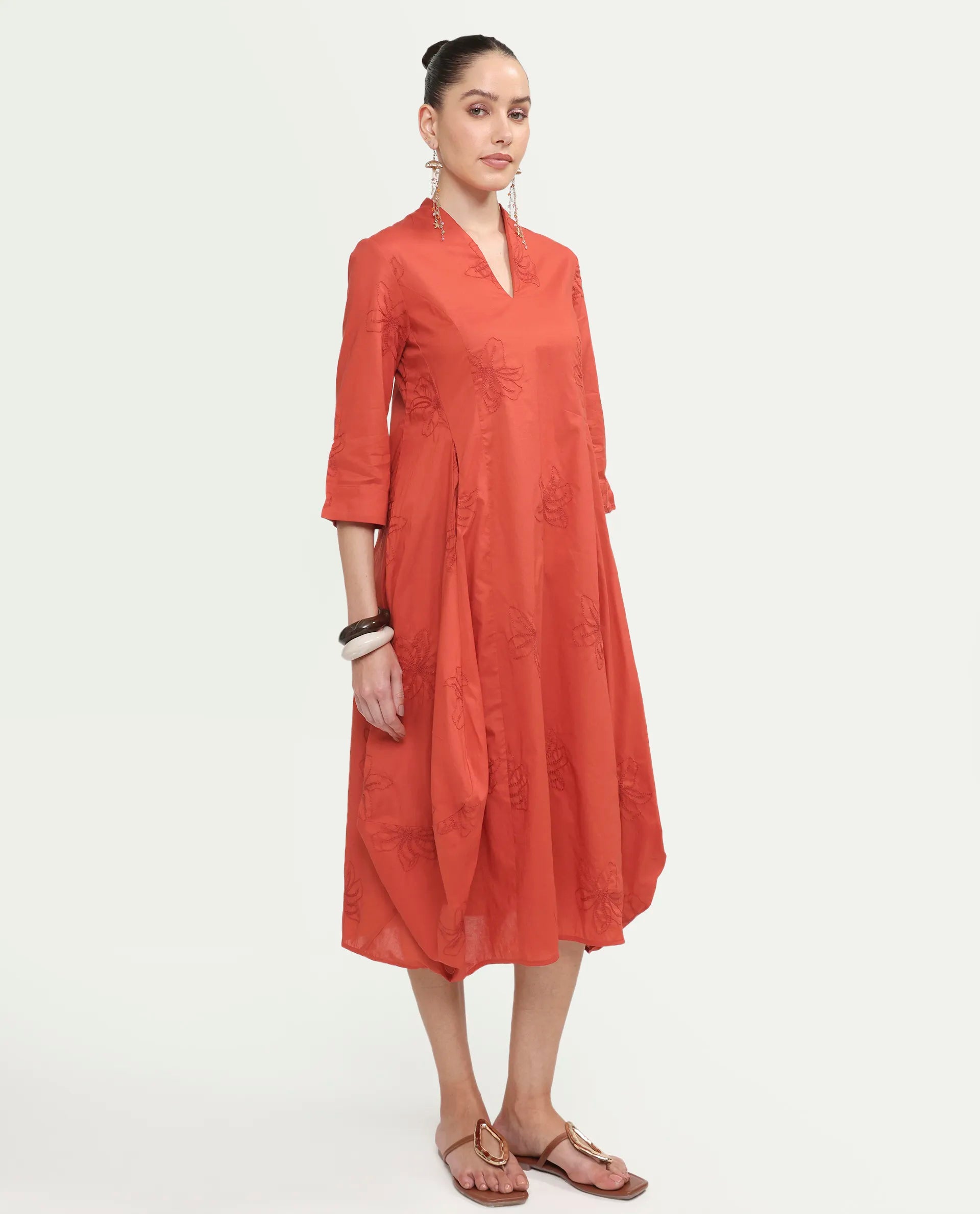 Rareism Women's Marky Rust Cotton 3/4Th Sleeve V-Neck Relaxed Embroidered Dress