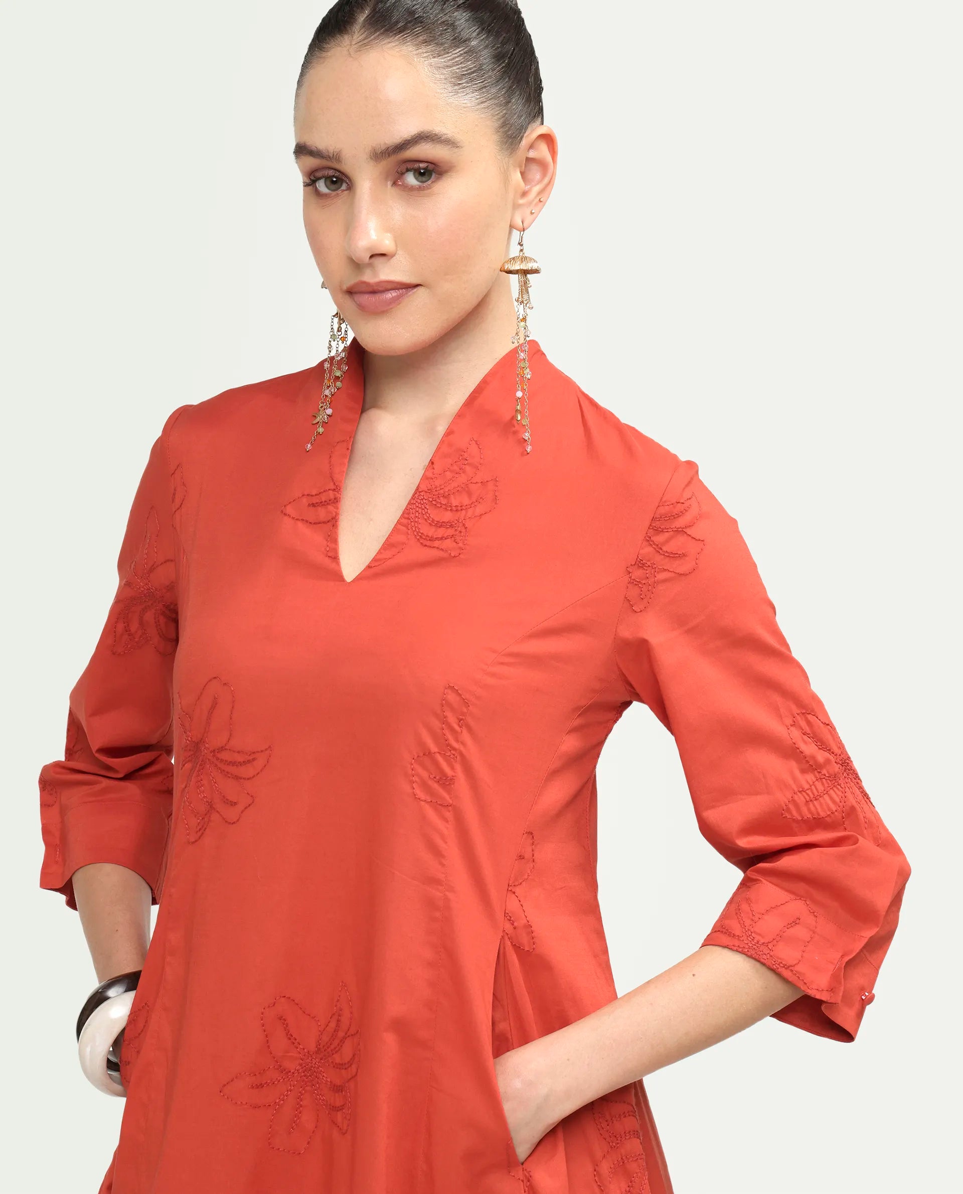 Rareism Women's Marky Rust Cotton 3/4Th Sleeve V-Neck Relaxed Embroidered Dress